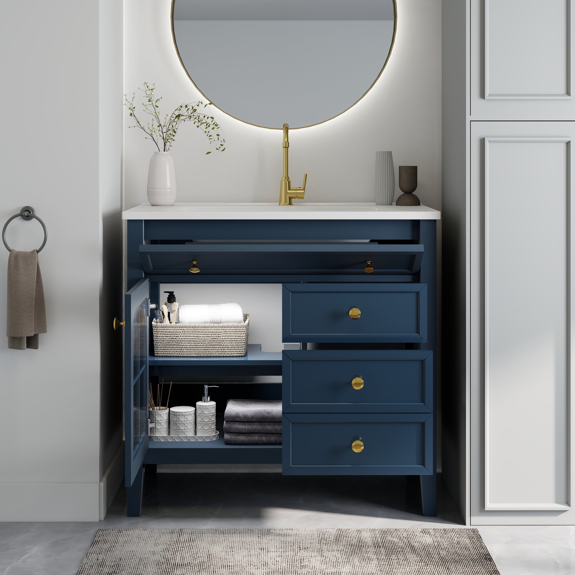 35.6" Mid-Century Bathroom Vanity Sink with Patterned Glass & Motion-sensor Light Strip, Farmhouse Freestanding Bathroom Vanity Sink with Storage, High-end Restroom Vanity Cabinet,Blue