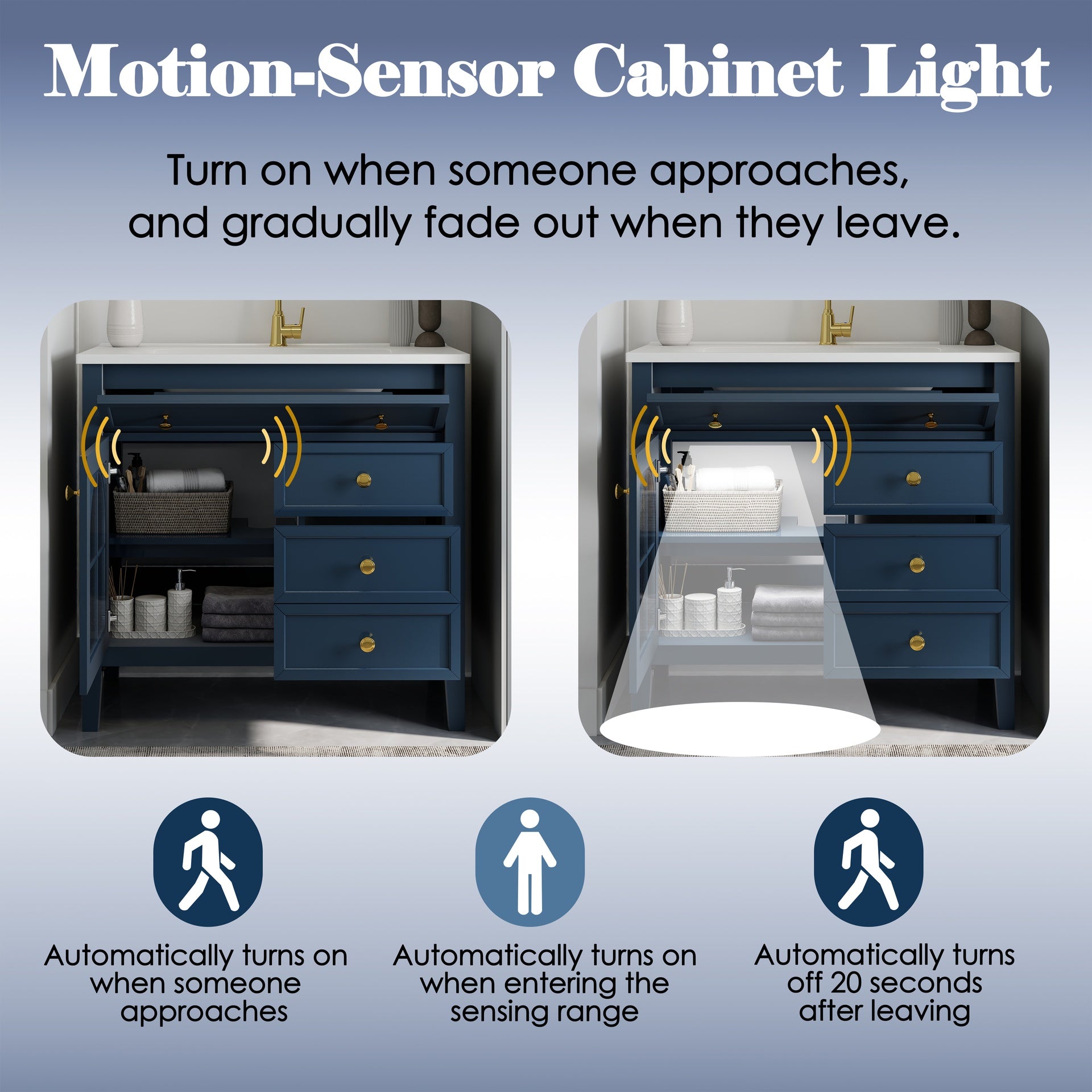 35.6" Mid-Century Bathroom Vanity Sink with Patterned Glass & Motion-sensor Light Strip, Farmhouse Freestanding Bathroom Vanity Sink with Storage, High-end Restroom Vanity Cabinet,Blue