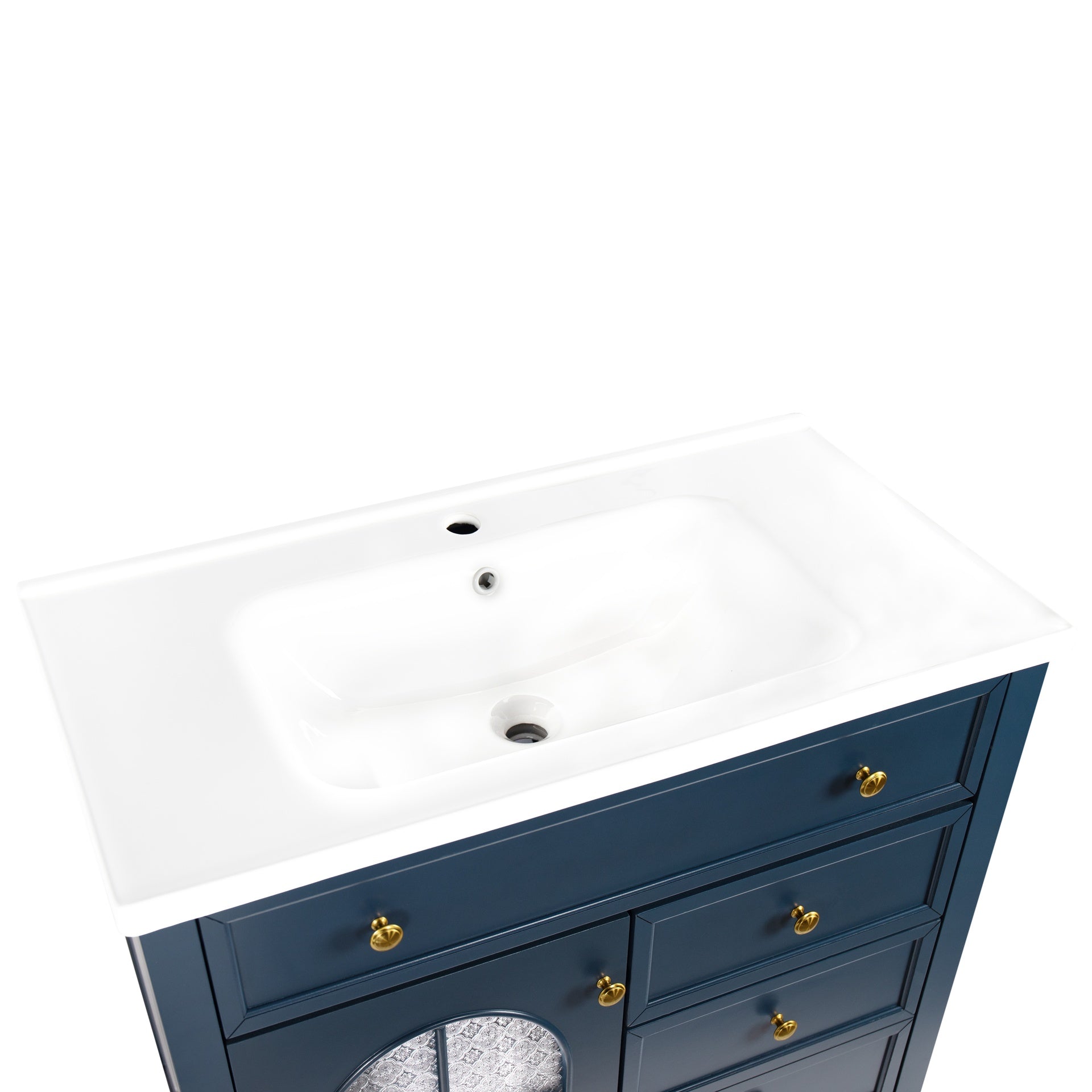 35.6" Mid-Century Bathroom Vanity Sink with Patterned Glass & Motion-sensor Light Strip, Farmhouse Freestanding Bathroom Vanity Sink with Storage, High-end Restroom Vanity Cabinet,Blue