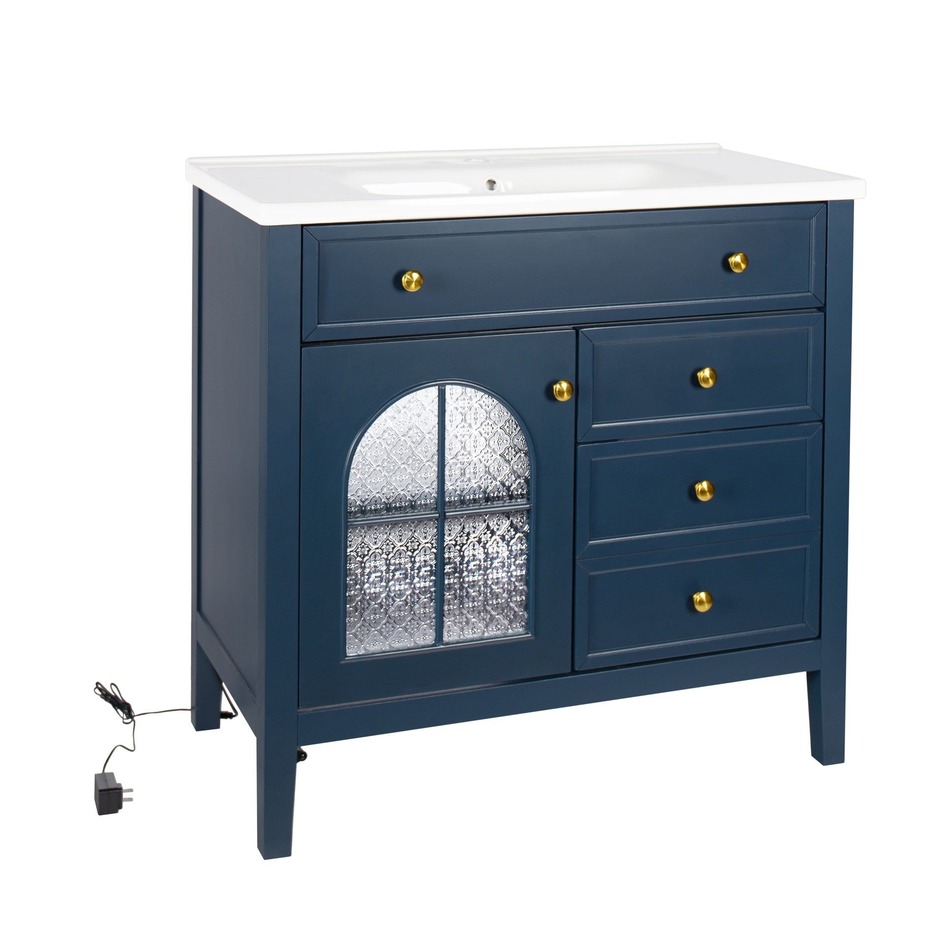 35.6" Mid-Century Bathroom Vanity Sink with Patterned Glass & Motion-sensor Light Strip, Farmhouse Freestanding Bathroom Vanity Sink with Storage, High-end Restroom Vanity Cabinet,Blue