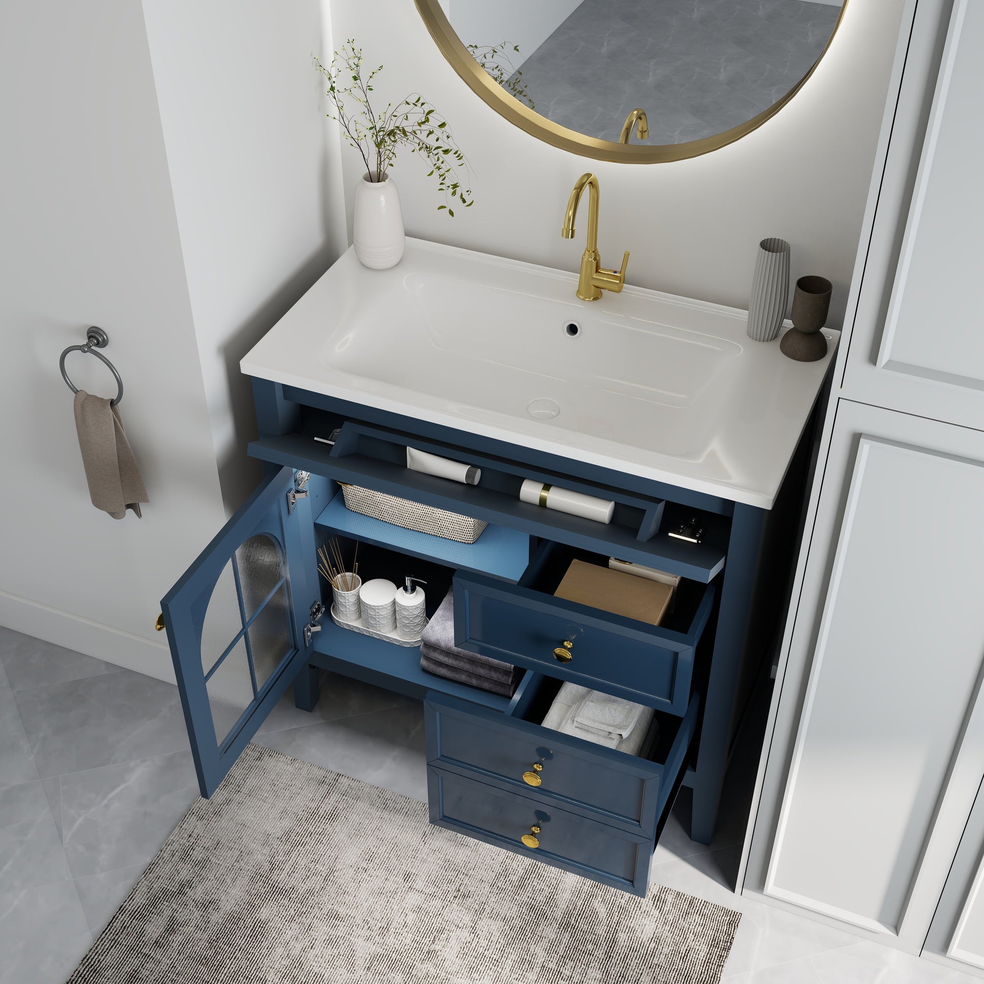 35.6" Mid-Century Bathroom Vanity Sink with Patterned Glass & Motion-sensor Light Strip, Farmhouse Freestanding Bathroom Vanity Sink with Storage, High-end Restroom Vanity Cabinet,Blue