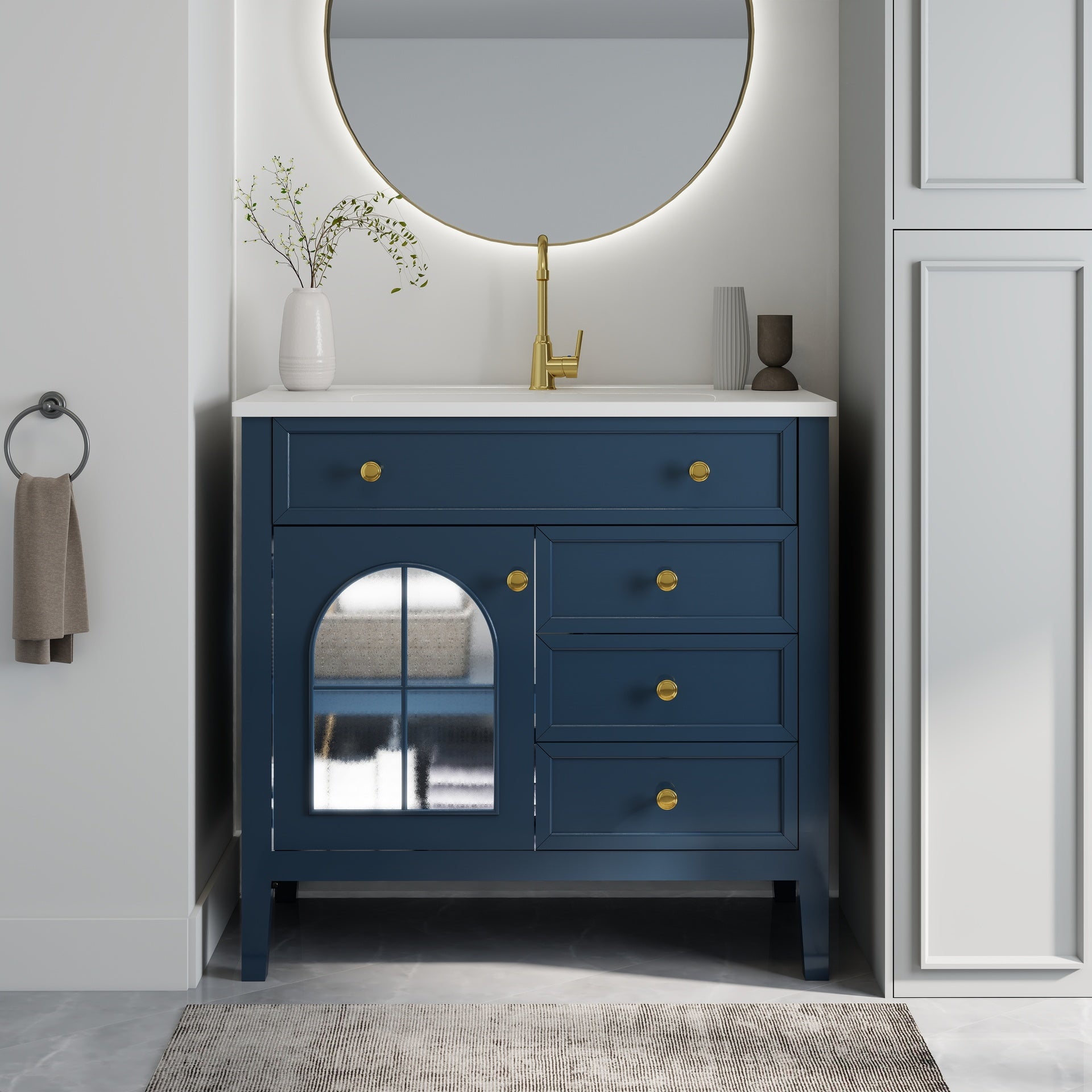 35.6" Mid-Century Bathroom Vanity Sink with Patterned Glass & Motion-sensor Light Strip, Farmhouse Freestanding Bathroom Vanity Sink with Storage, High-end Restroom Vanity Cabinet,Blue