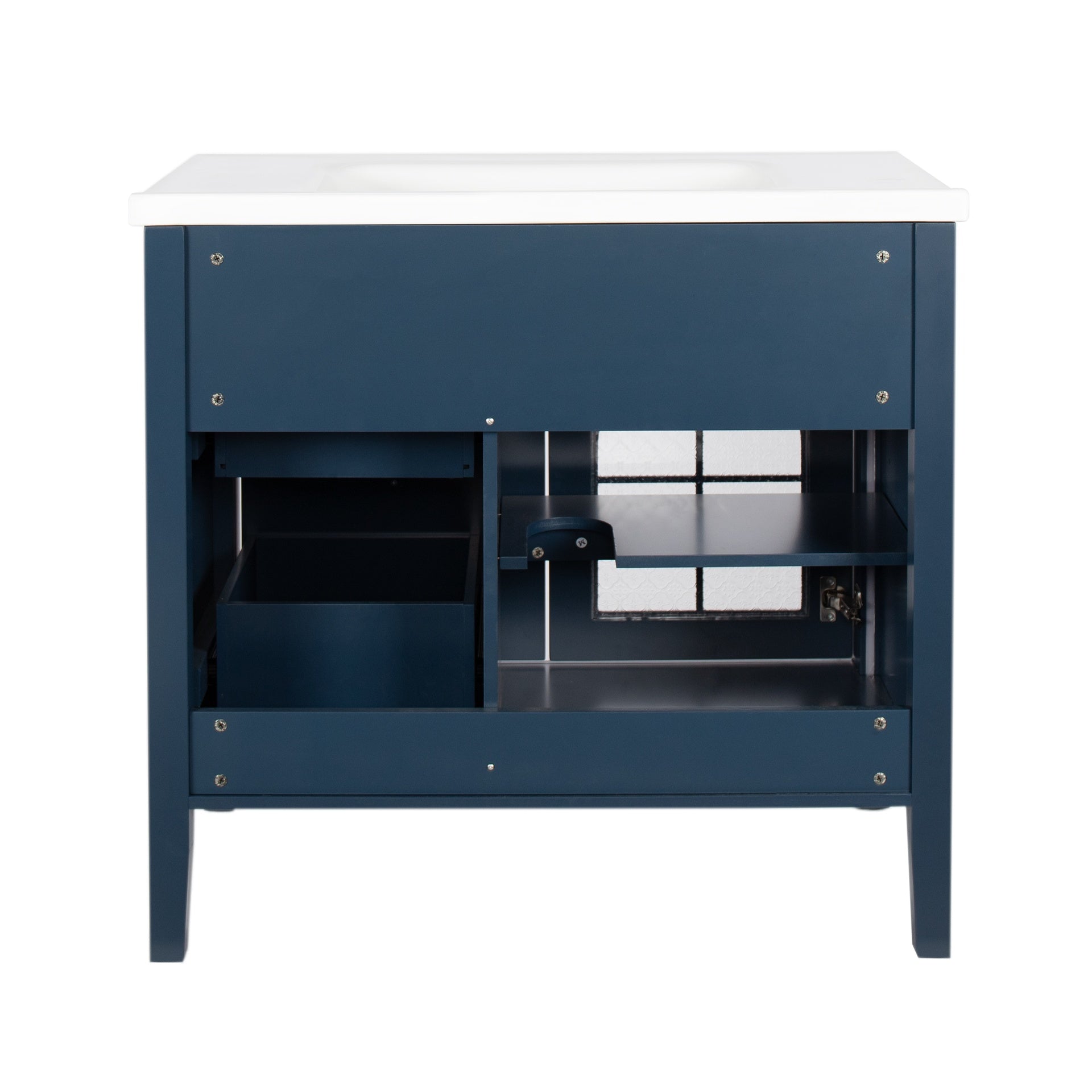 35.6" Mid-Century Bathroom Vanity Sink with Patterned Glass & Motion-sensor Light Strip, Farmhouse Freestanding Bathroom Vanity Sink with Storage, High-end Restroom Vanity Cabinet,Blue