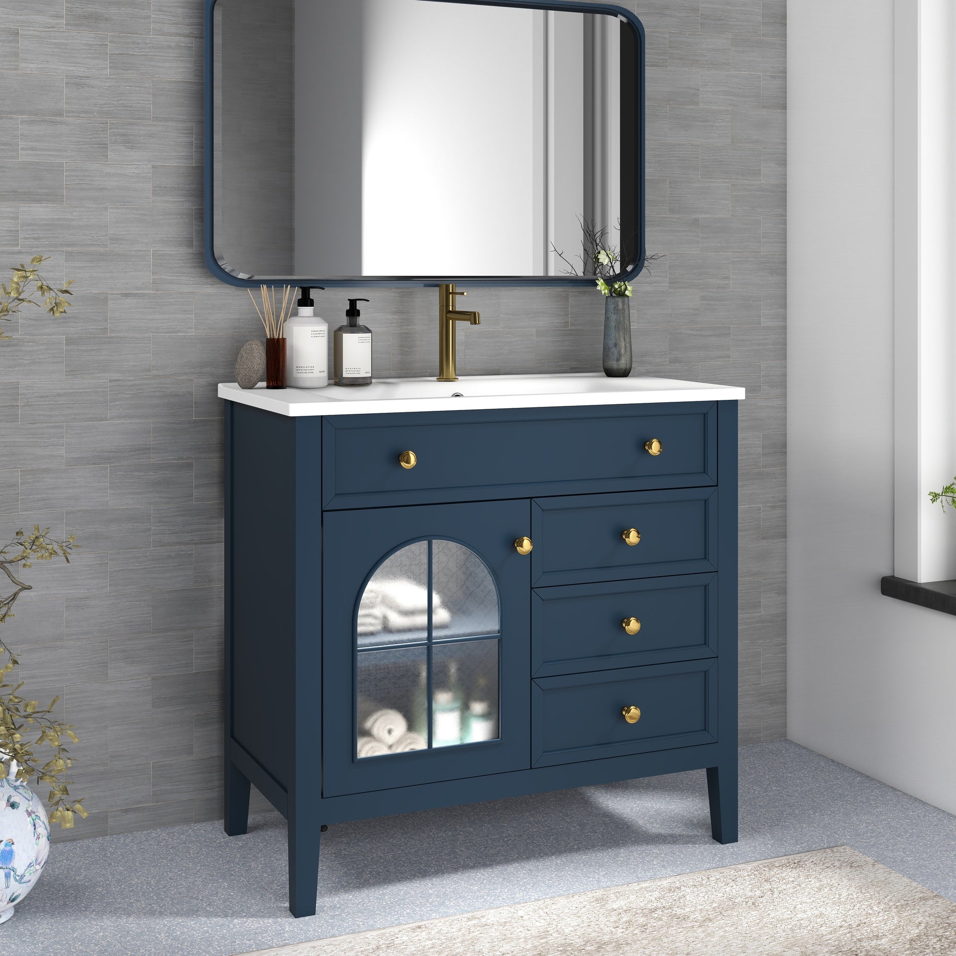 35.6" Mid-Century Bathroom Vanity Sink with Patterned Glass & Motion-sensor Light Strip, Farmhouse Freestanding Bathroom Vanity Sink with Storage, High-end Restroom Vanity Cabinet,Blue