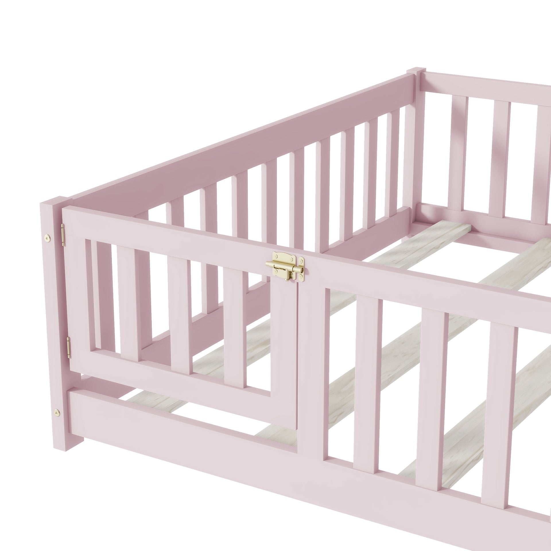 Full Size Floor Bed with Fence and Door,Rubber Wood Floor Bed with Safety Guardrails,Pink