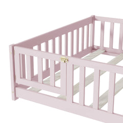 Full Size Floor Bed with Fence and Door,Rubber Wood Floor Bed with Safety Guardrails,Pink