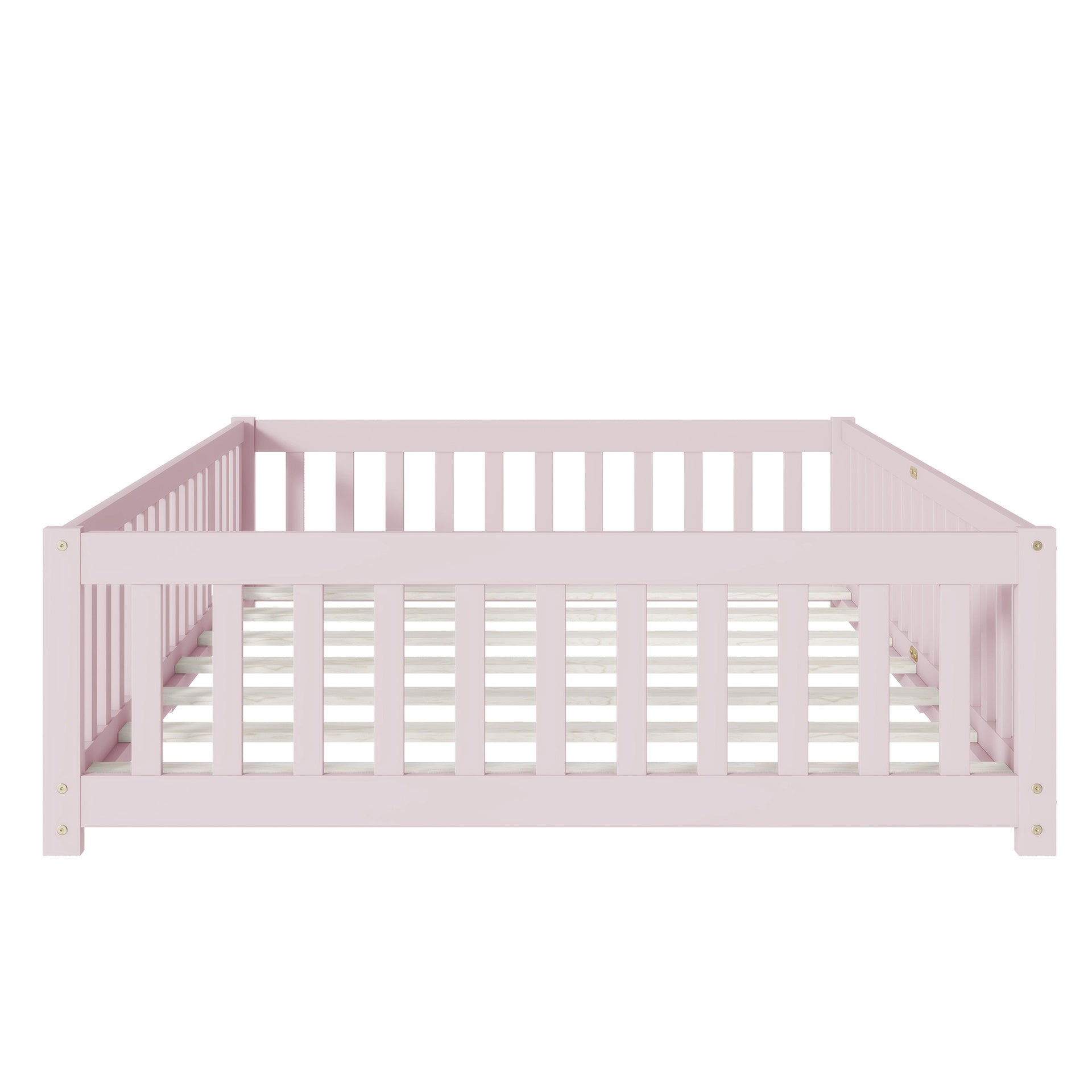 Full Size Floor Bed with Fence and Door,Rubber Wood Floor Bed with Safety Guardrails,Pink