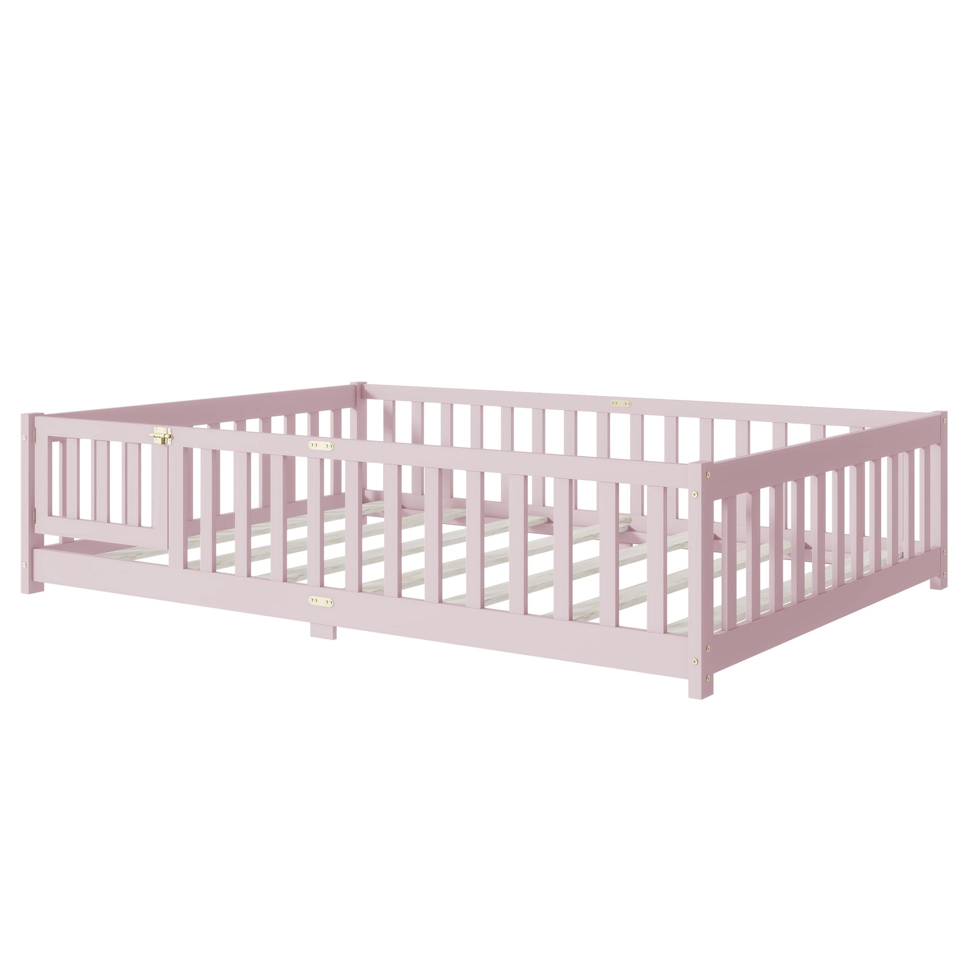 Full Size Floor Bed with Fence and Door,Rubber Wood Floor Bed with Safety Guardrails,Pink
