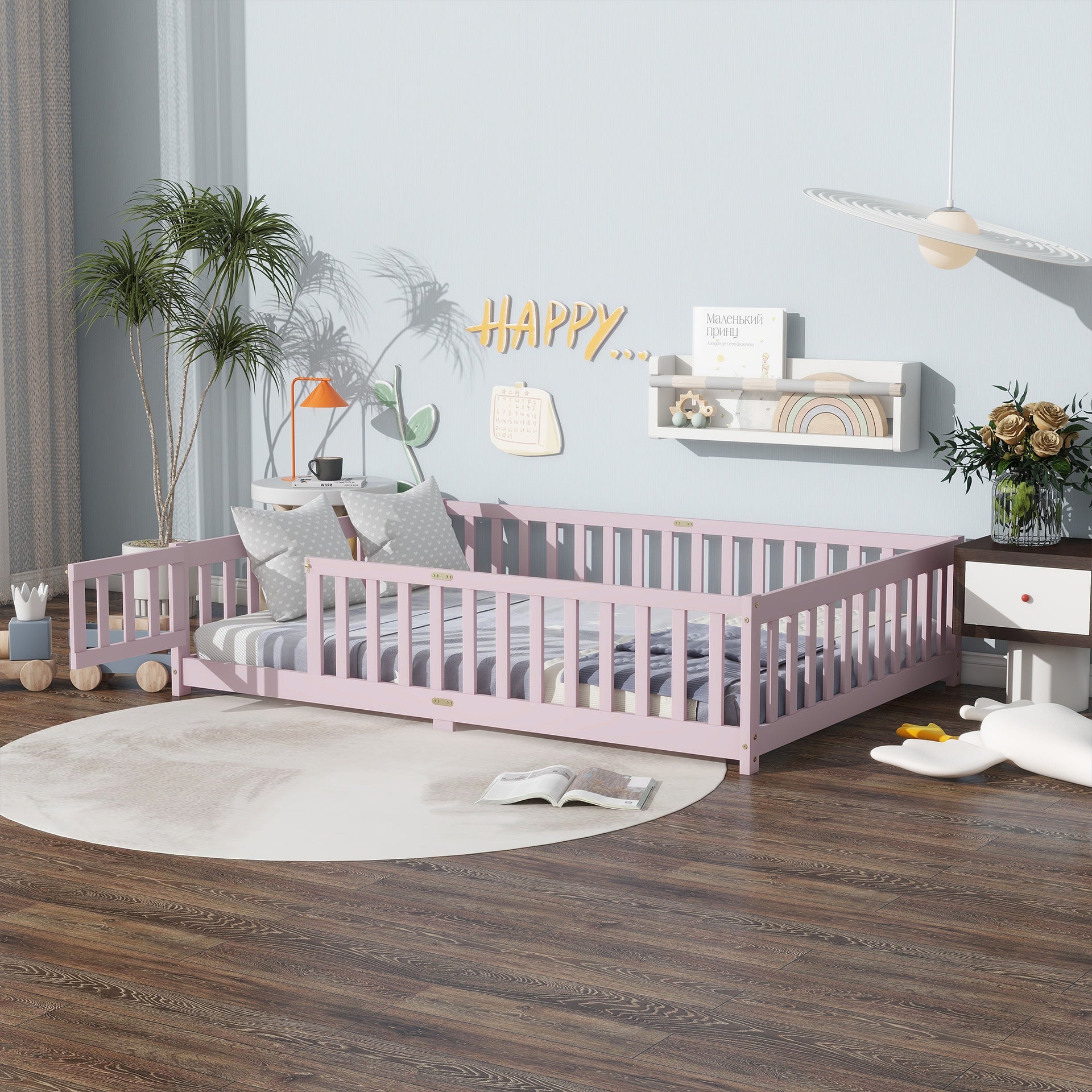 Full Size Floor Bed with Fence and Door,Rubber Wood Floor Bed with Safety Guardrails,Pink