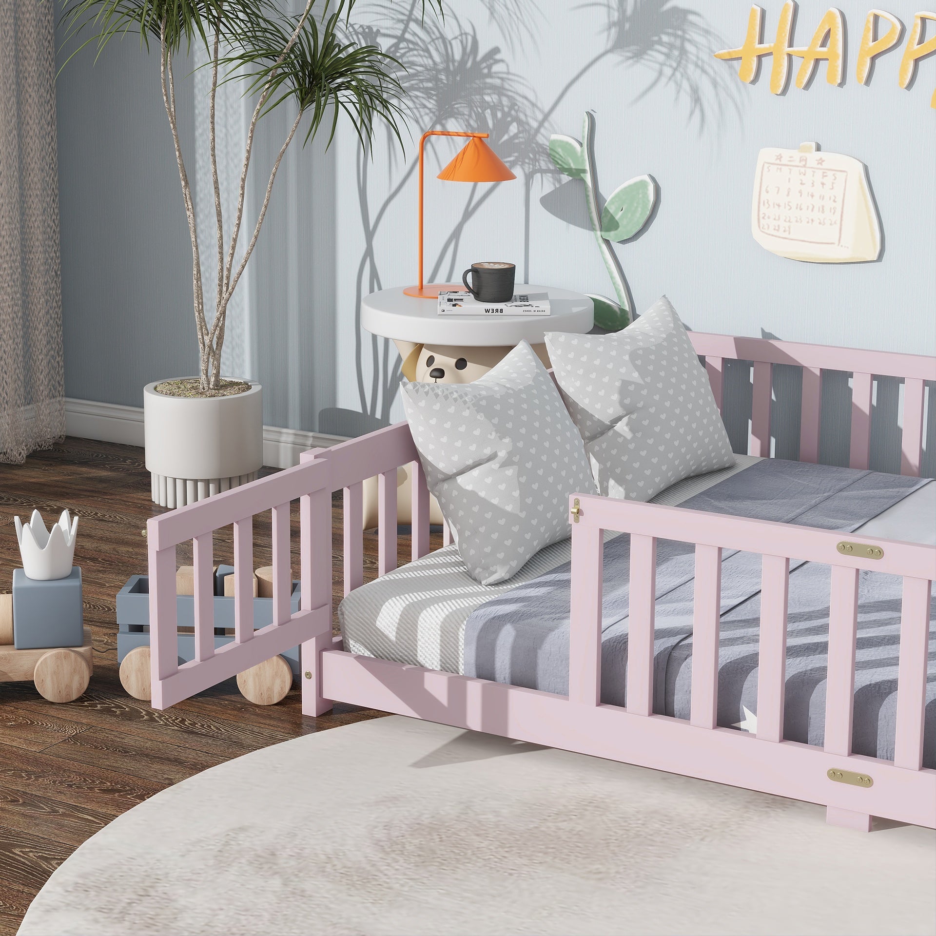 Full Size Floor Bed with Fence and Door,Rubber Wood Floor Bed with Safety Guardrails,Pink