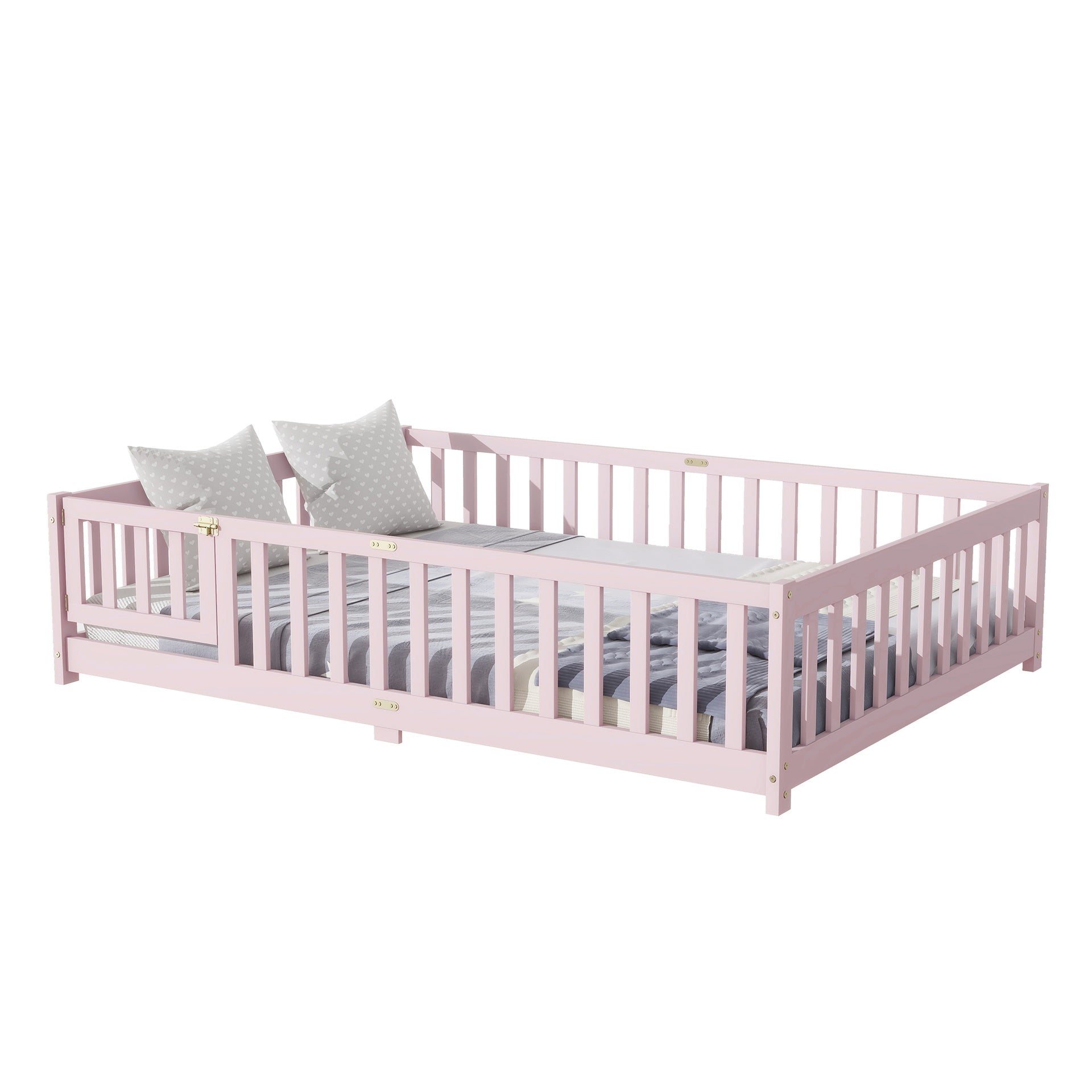 Full Size Floor Bed with Fence and Door,Rubber Wood Floor Bed with Safety Guardrails,Pink