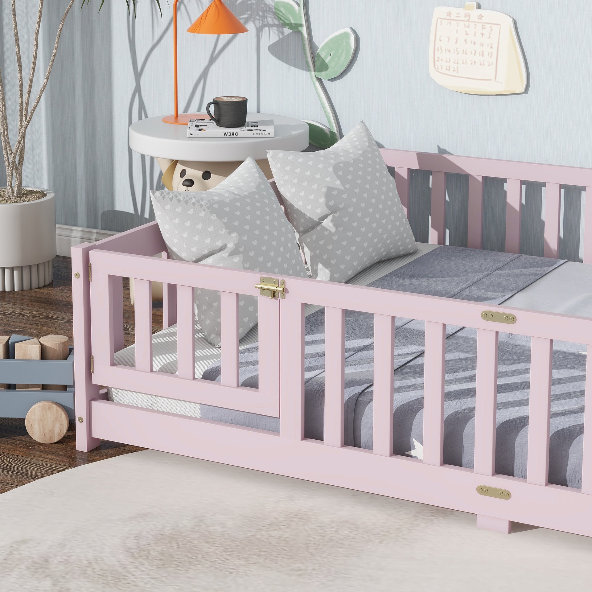 Full Size Floor Bed with Fence and Door,Rubber Wood Floor Bed with Safety Guardrails,Pink