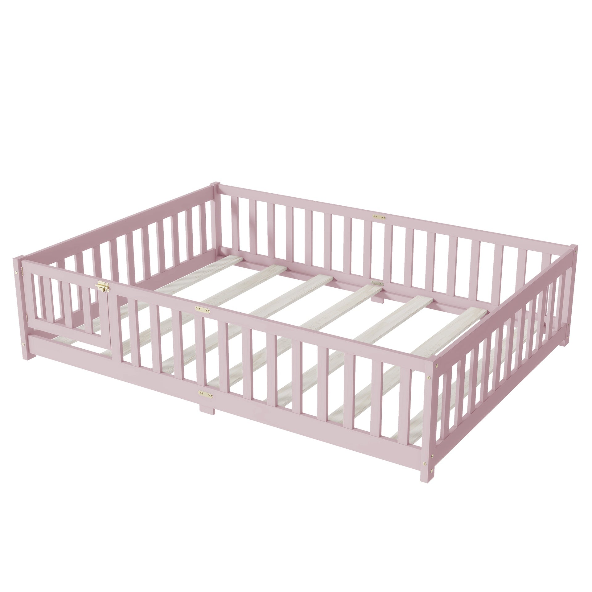 Full Size Floor Bed with Fence and Door,Rubber Wood Floor Bed with Safety Guardrails,Pink