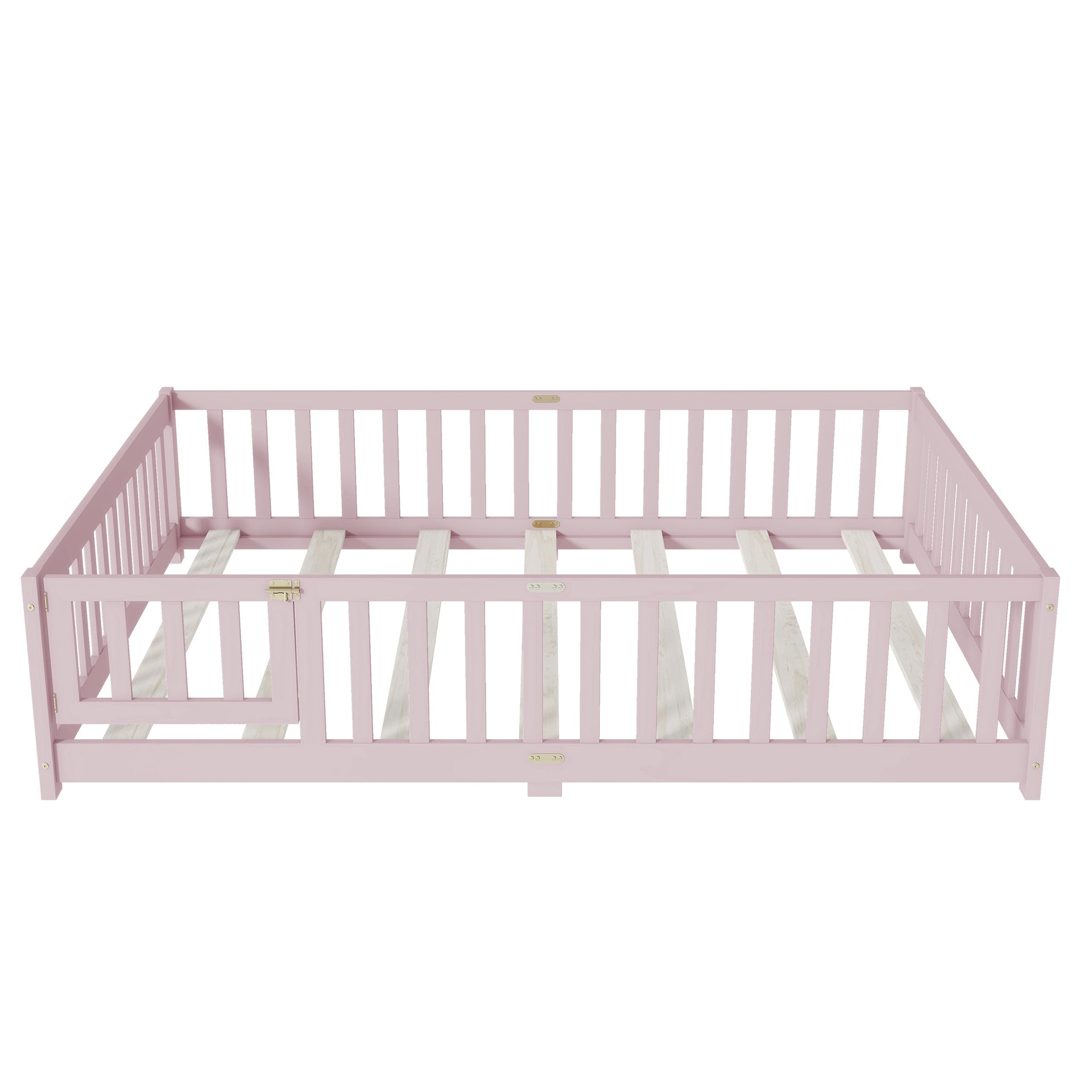 Full Size Floor Bed with Fence and Door,Rubber Wood Floor Bed with Safety Guardrails,Pink