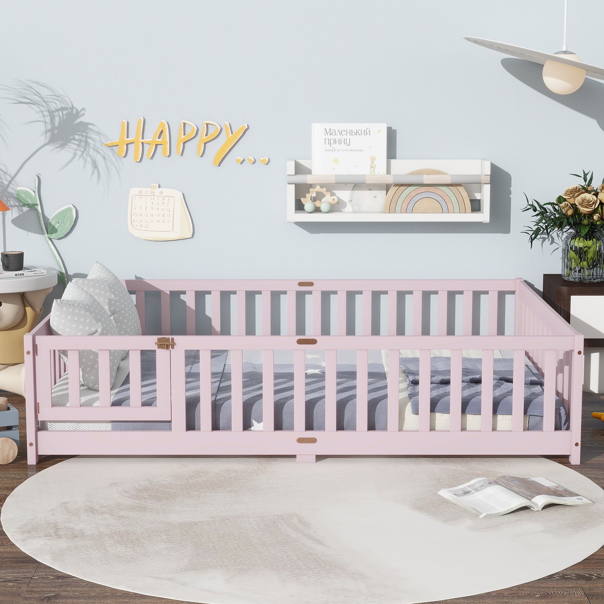 Full Size Floor Bed with Fence and Door,Rubber Wood Floor Bed with Safety Guardrails,Pink