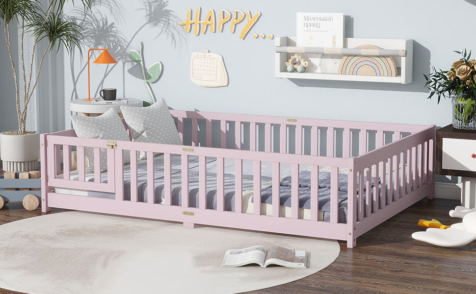 Full Size Floor Bed with Fence and Door,Rubber Wood Floor Bed with Safety Guardrails,Pink