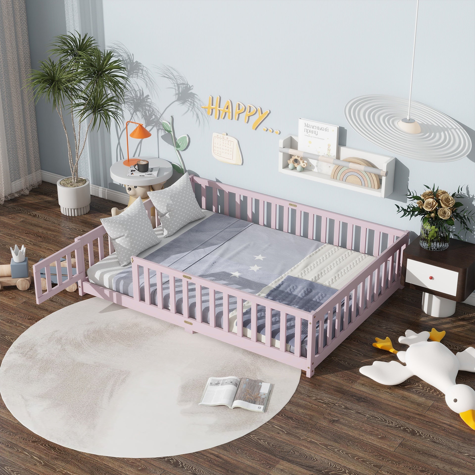 Full Size Floor Bed with Fence and Door,Rubber Wood Floor Bed with Safety Guardrails,Pink
