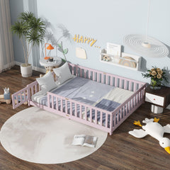Full Size Floor Bed with Fence and Door,Rubber Wood Floor Bed with Safety Guardrails,Pink