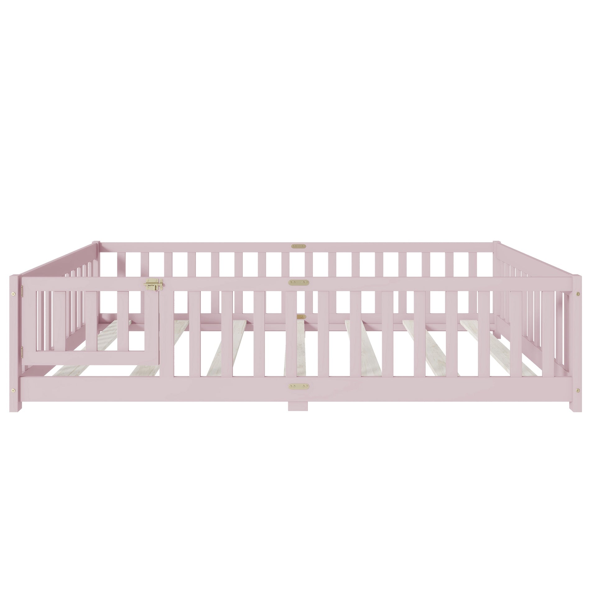 Full Size Floor Bed with Fence and Door,Rubber Wood Floor Bed with Safety Guardrails,Pink