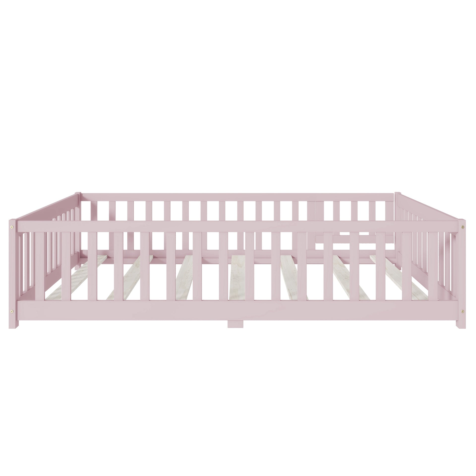 Full Size Floor Bed with Fence and Door,Rubber Wood Floor Bed with Safety Guardrails,Pink