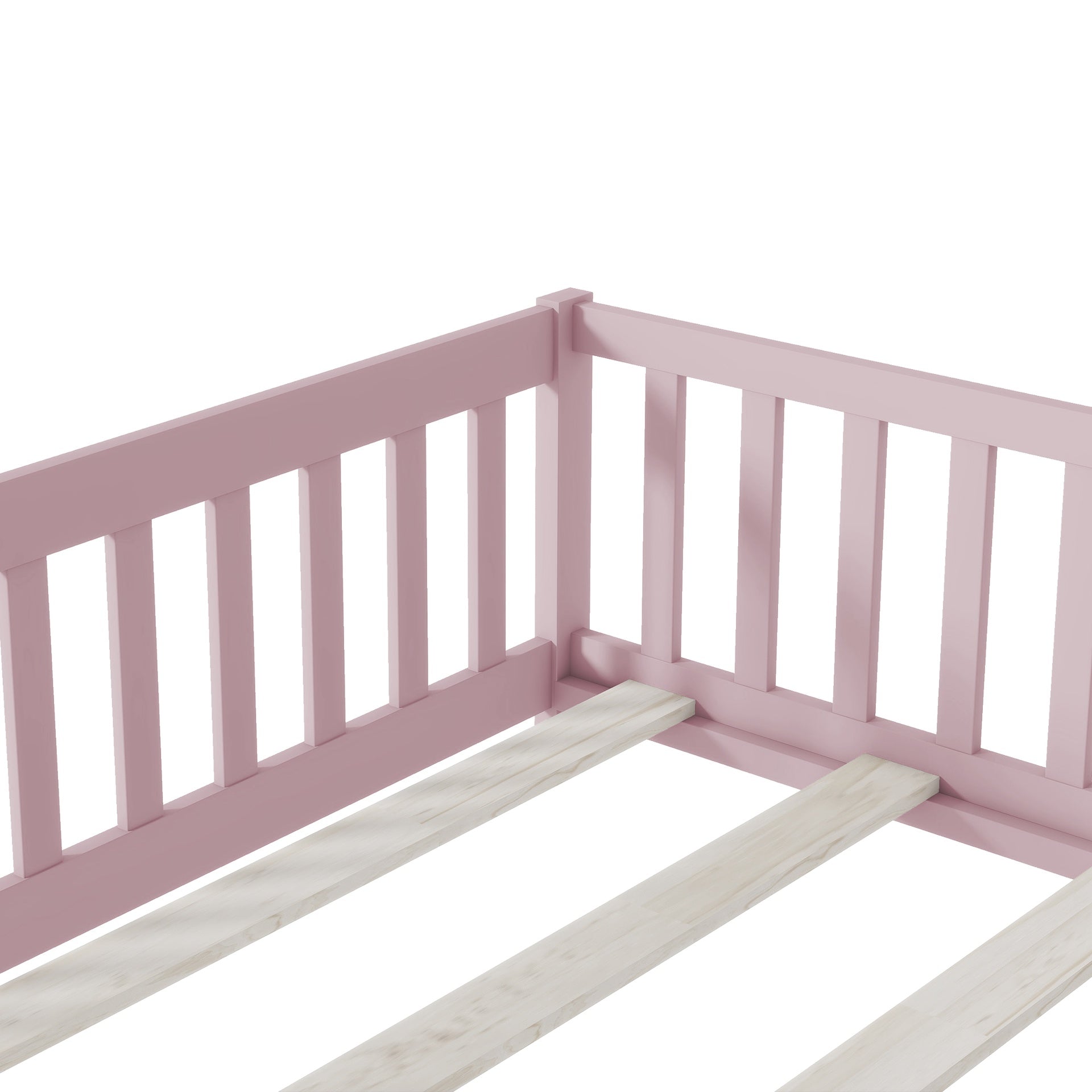 Full Size Floor Bed with Fence and Door,Rubber Wood Floor Bed with Safety Guardrails,Pink