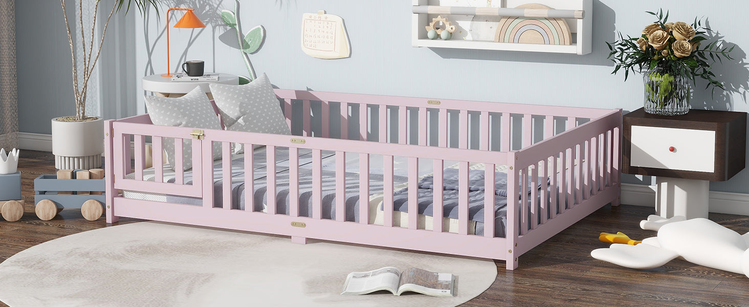 Full Size Floor Bed with Fence and Door,Rubber Wood Floor Bed with Safety Guardrails,Pink