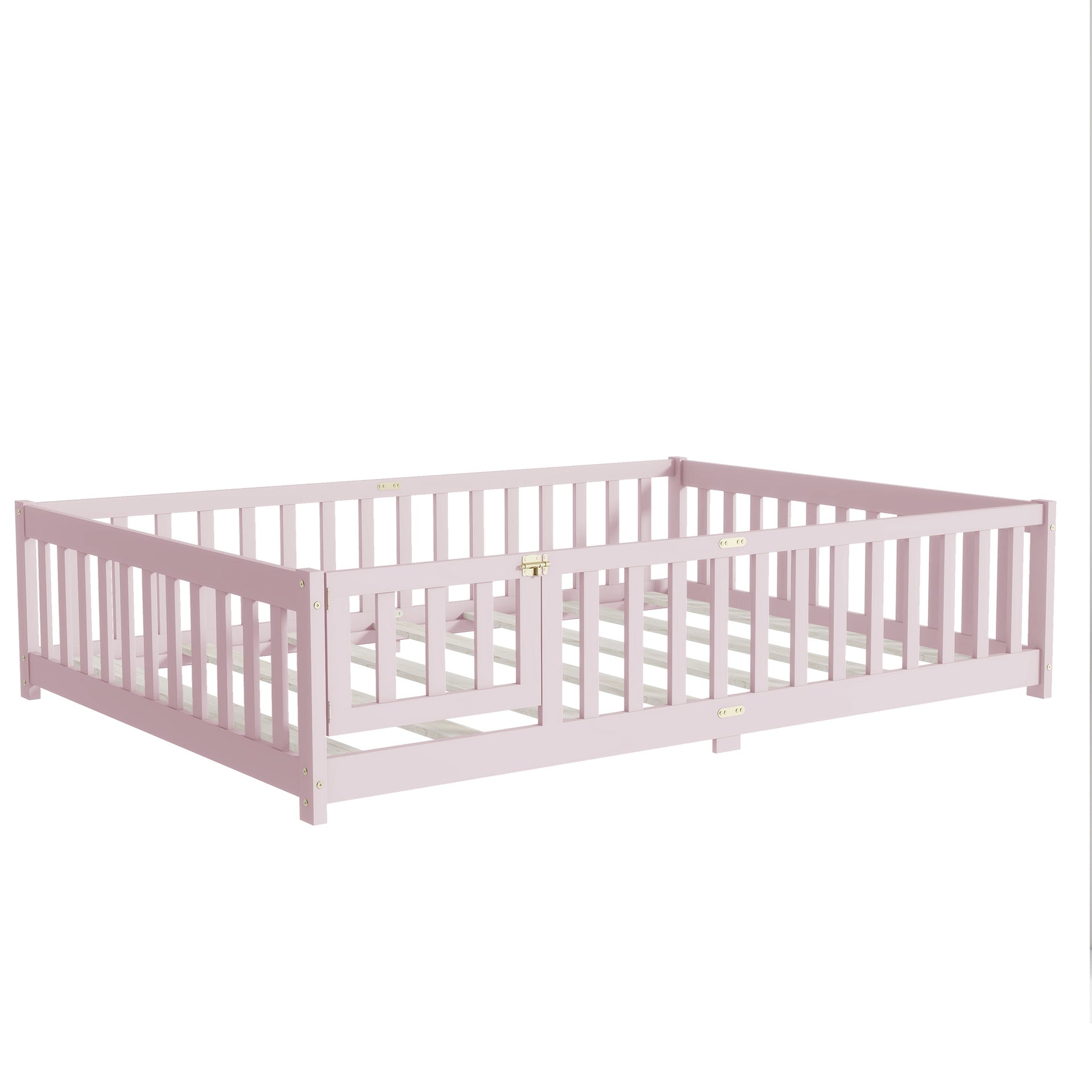 Full Size Floor Bed with Fence and Door,Rubber Wood Floor Bed with Safety Guardrails,Pink