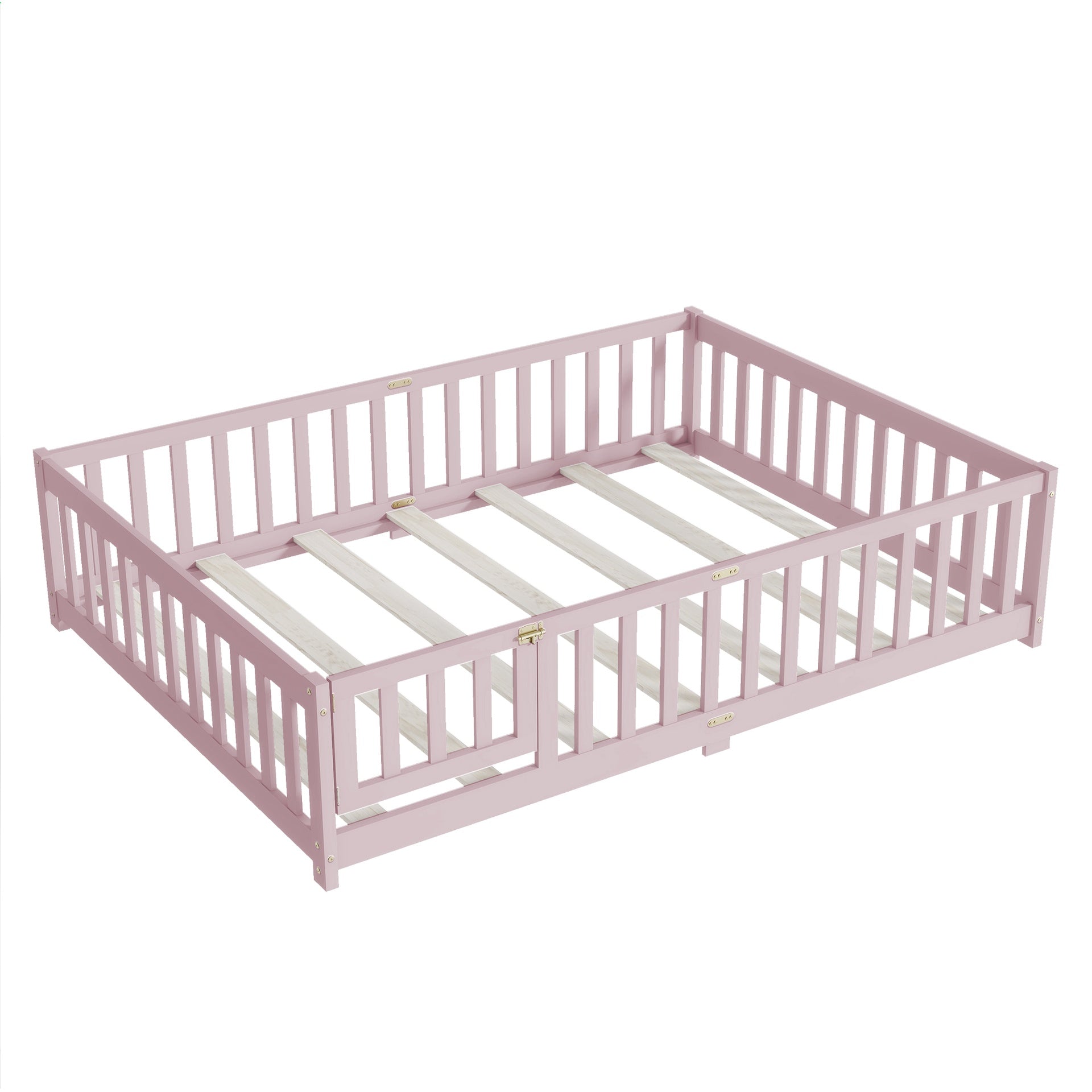 Full Size Floor Bed with Fence and Door,Rubber Wood Floor Bed with Safety Guardrails,Pink