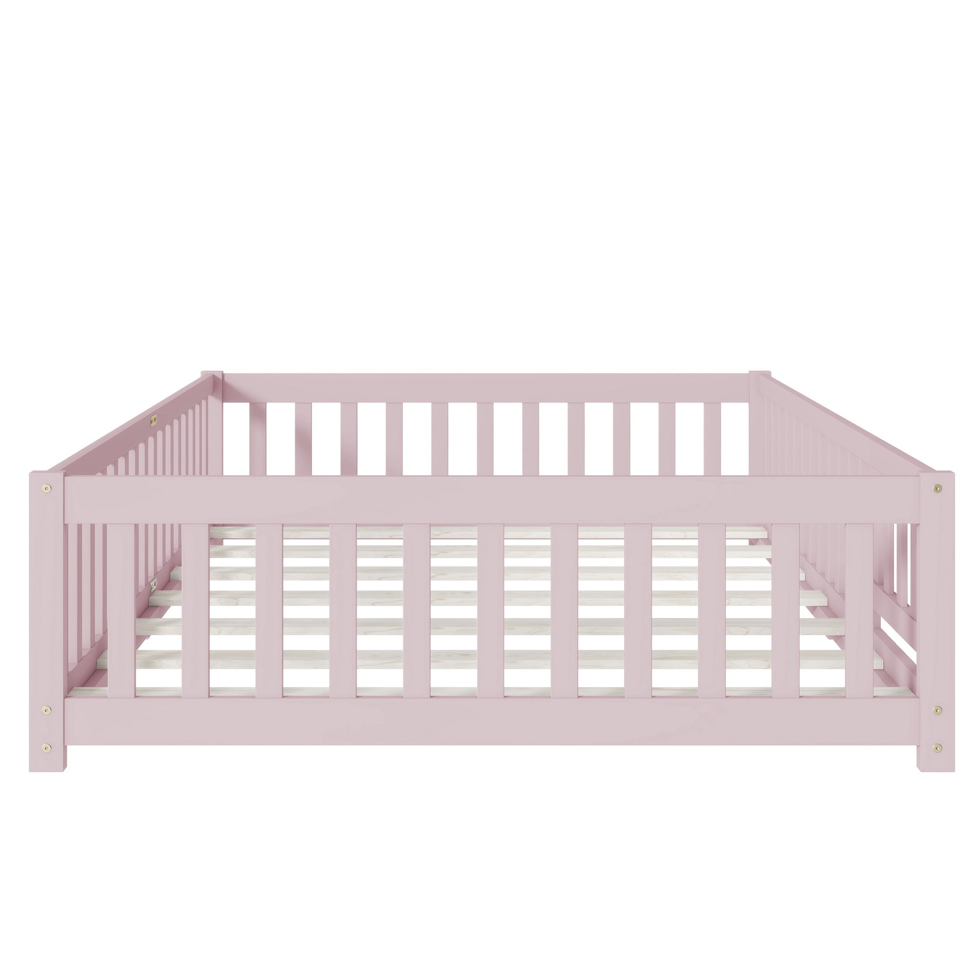 Full Size Floor Bed with Fence and Door,Rubber Wood Floor Bed with Safety Guardrails,Pink