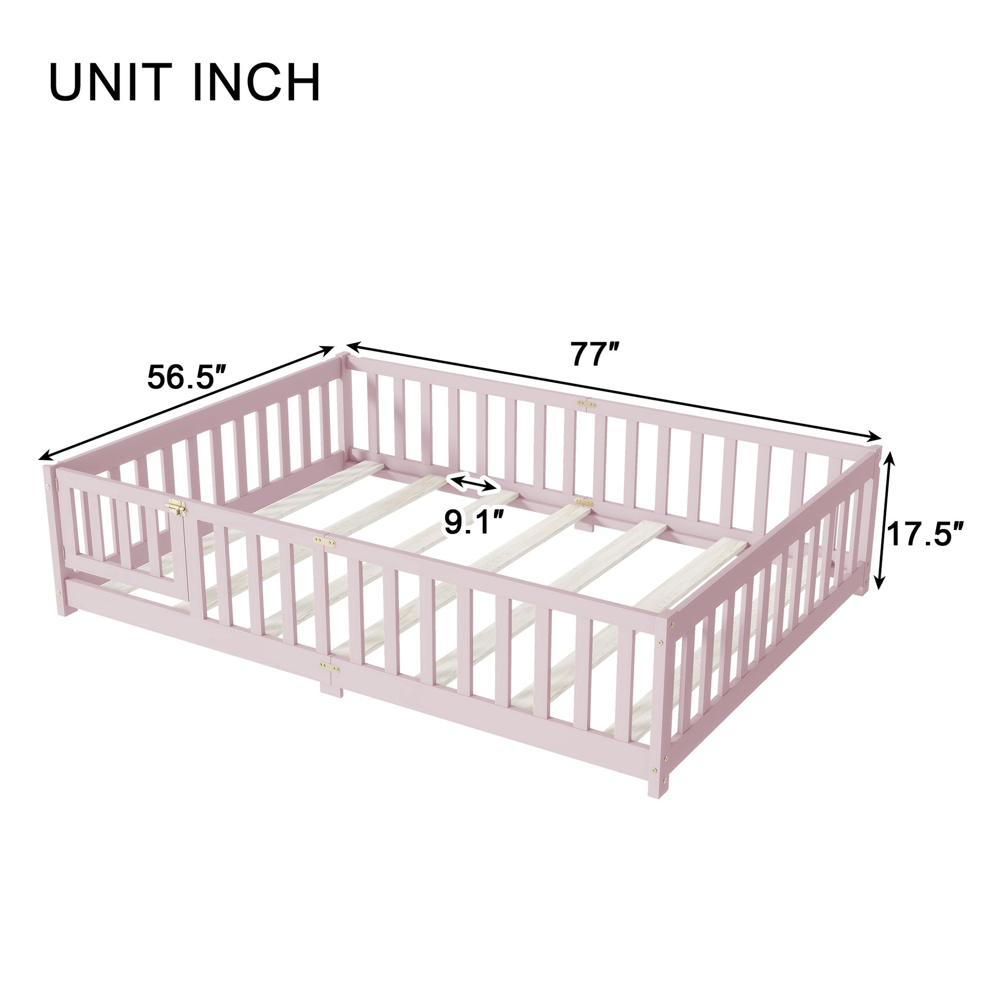 Full Size Floor Bed with Fence and Door,Rubber Wood Floor Bed with Safety Guardrails,Pink