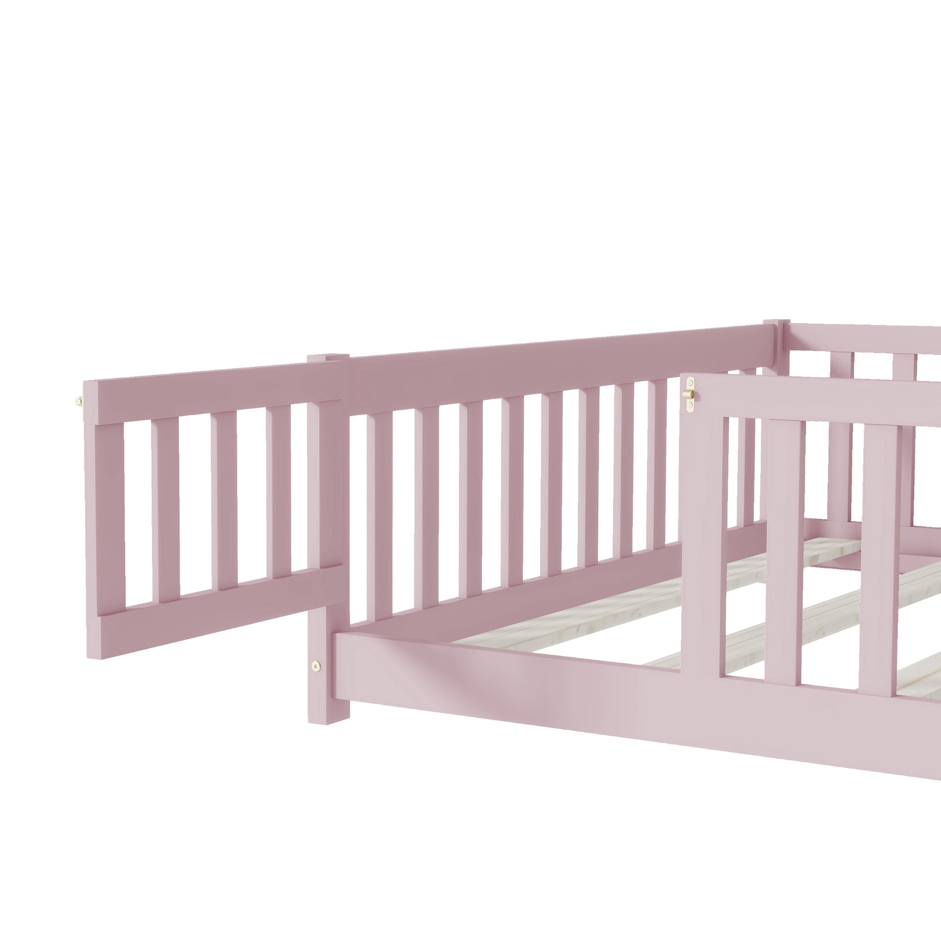 Full Size Floor Bed with Fence and Door,Rubber Wood Floor Bed with Safety Guardrails,Pink