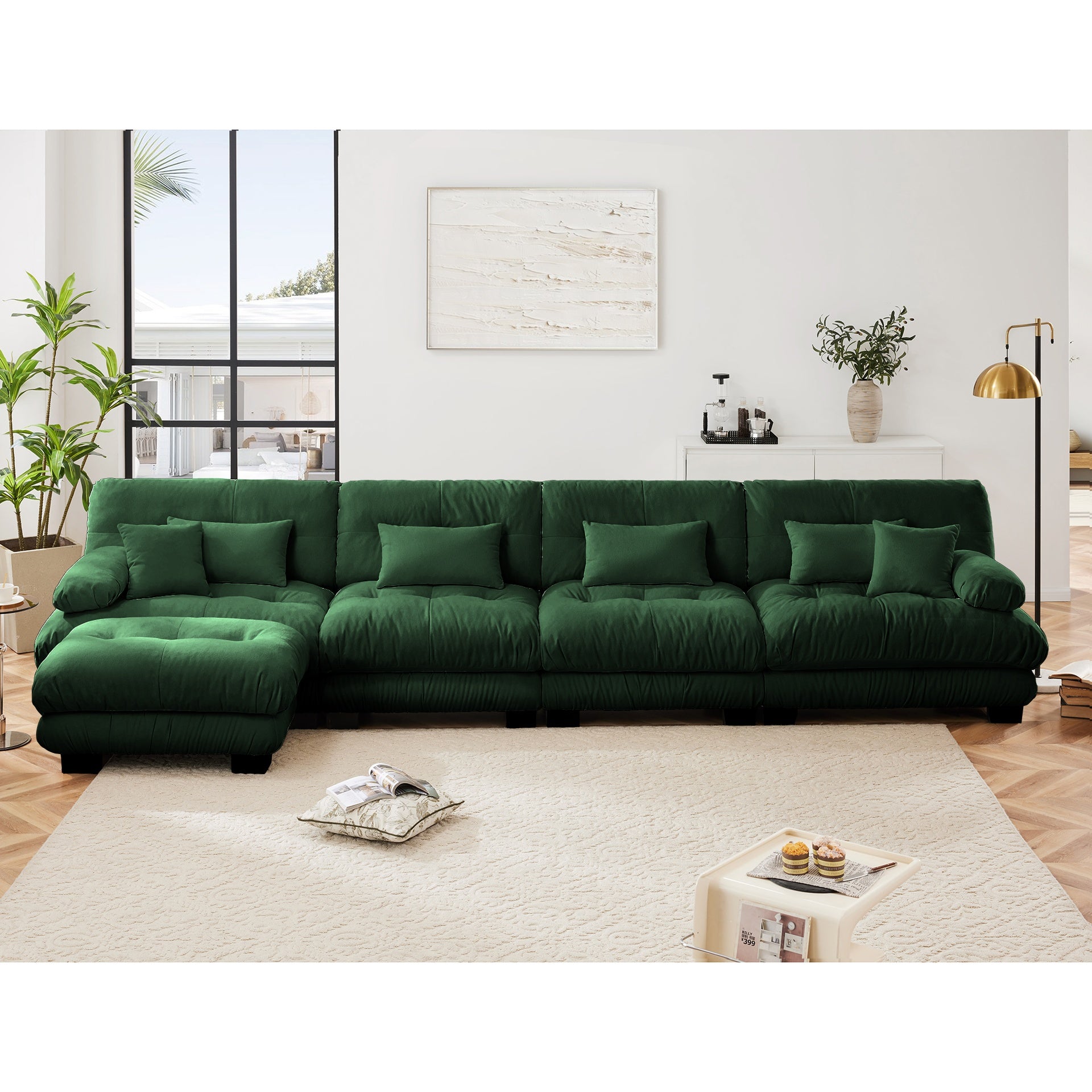 Free Combination, Modular Sectional Sofa,L Shaped Couch for Living Room, 4-Seater Comfy Cloud Couch with Convertible Ottoman,Chenille Green