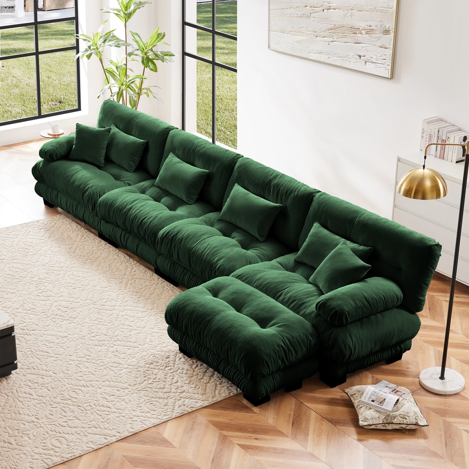 Free Combination, Modular Sectional Sofa,L Shaped Couch for Living Room, 4-Seater Comfy Cloud Couch with Convertible Ottoman,Chenille Green