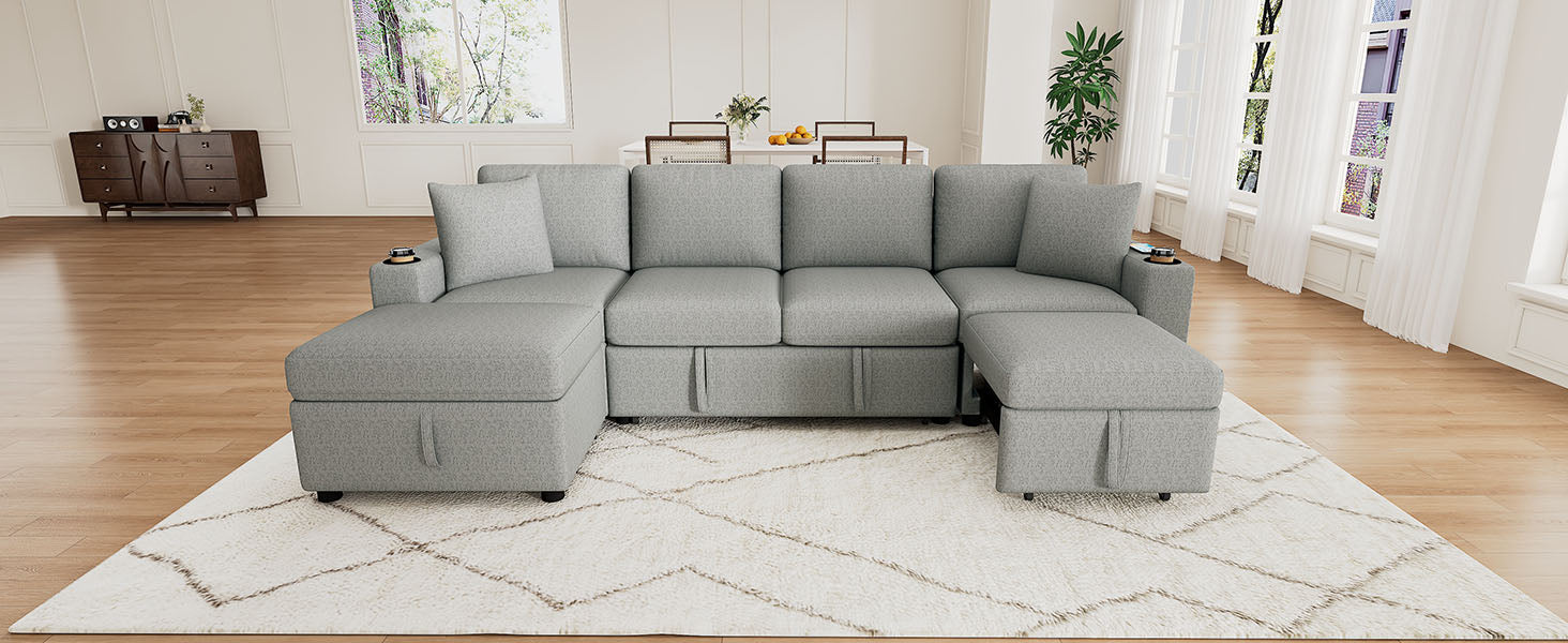 109.1" Sectional Sofa Convertible Pull-out Sofa Bed L-shaped Sofa U-shaped Sofa with a Movable Storage Ottoman for Living Room, Gray