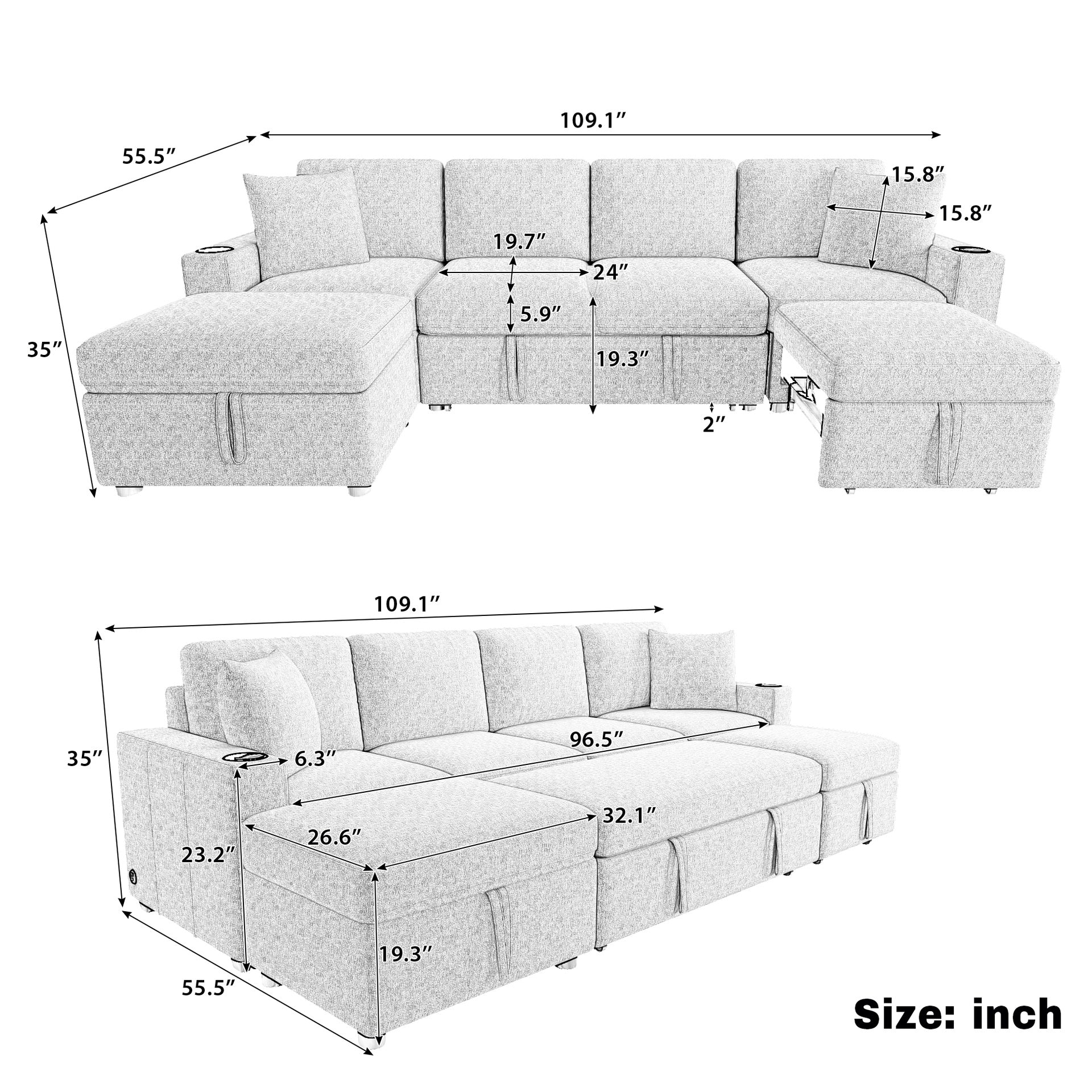 109.1" Sectional Sofa Convertible Pull-out Sofa Bed L-shaped Sofa U-shaped Sofa with a Movable Storage Ottoman for Living Room, Gray