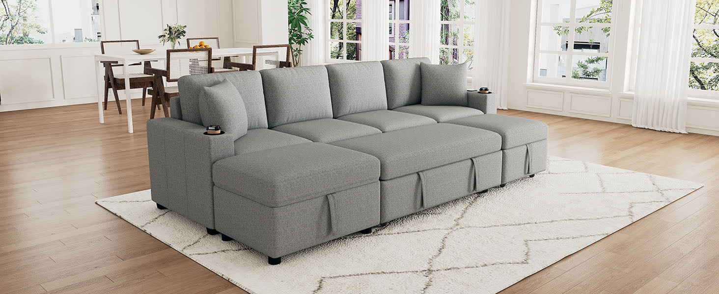 109.1" Sectional Sofa Convertible Pull-out Sofa Bed L-shaped Sofa U-shaped Sofa with a Movable Storage Ottoman for Living Room, Gray