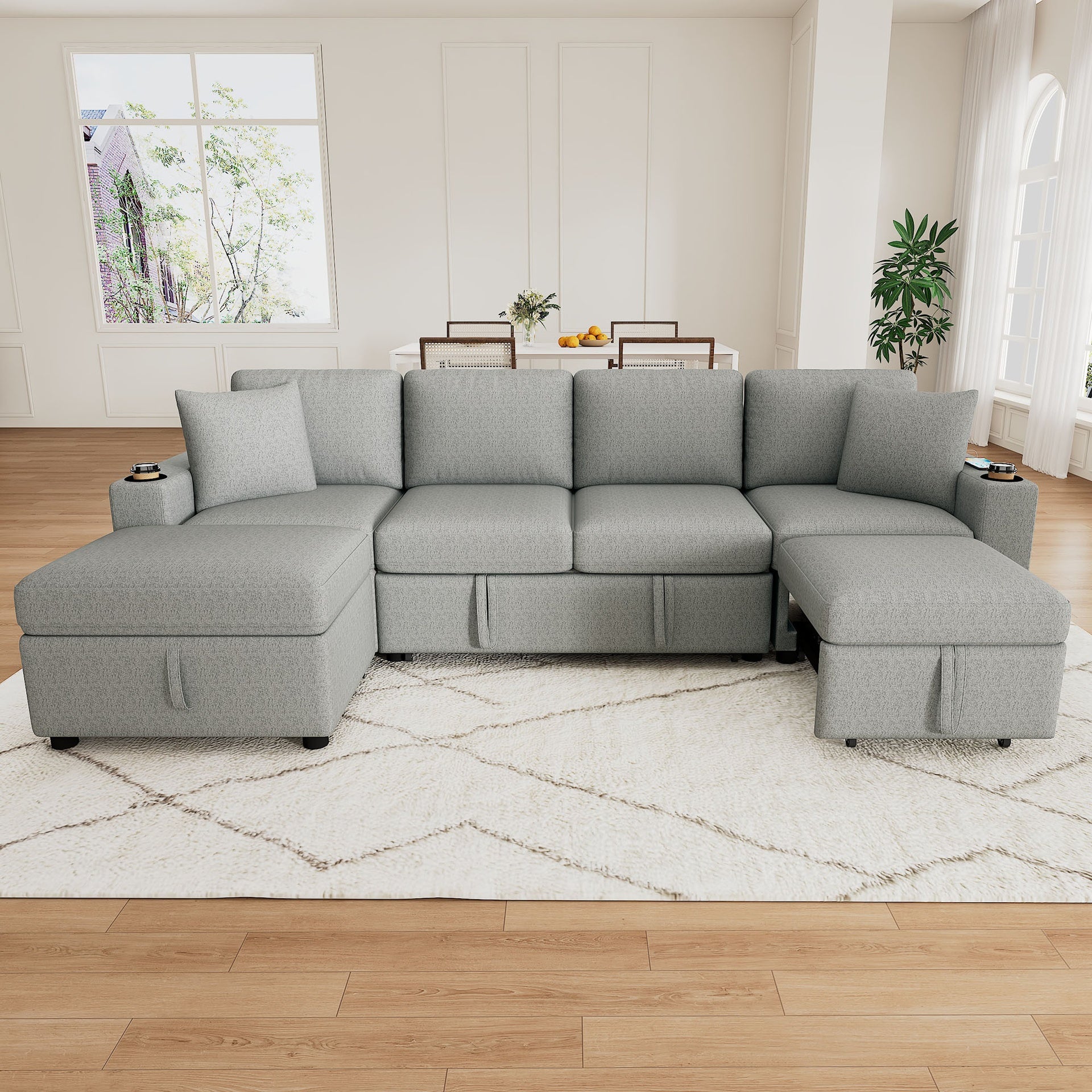 109.1" Sectional Sofa Convertible Pull-out Sofa Bed L-shaped Sofa U-shaped Sofa with a Movable Storage Ottoman for Living Room, Gray