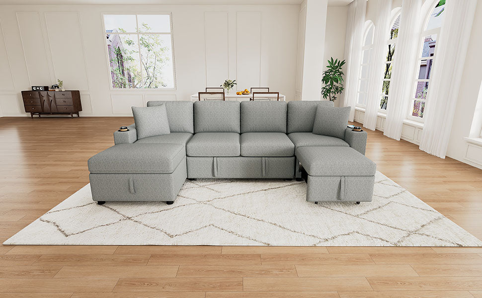 109.1" Sectional Sofa Convertible Pull-out Sofa Bed L-shaped Sofa U-shaped Sofa with a Movable Storage Ottoman for Living Room, Gray