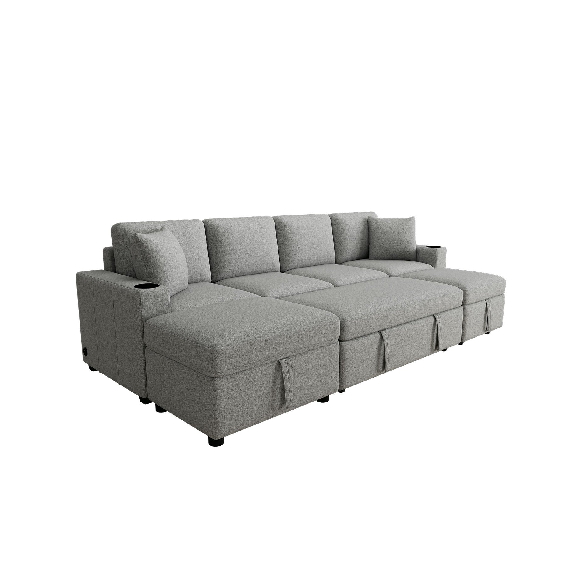 109.1" Sectional Sofa Convertible Pull-out Sofa Bed L-shaped Sofa U-shaped Sofa with a Movable Storage Ottoman for Living Room, Gray