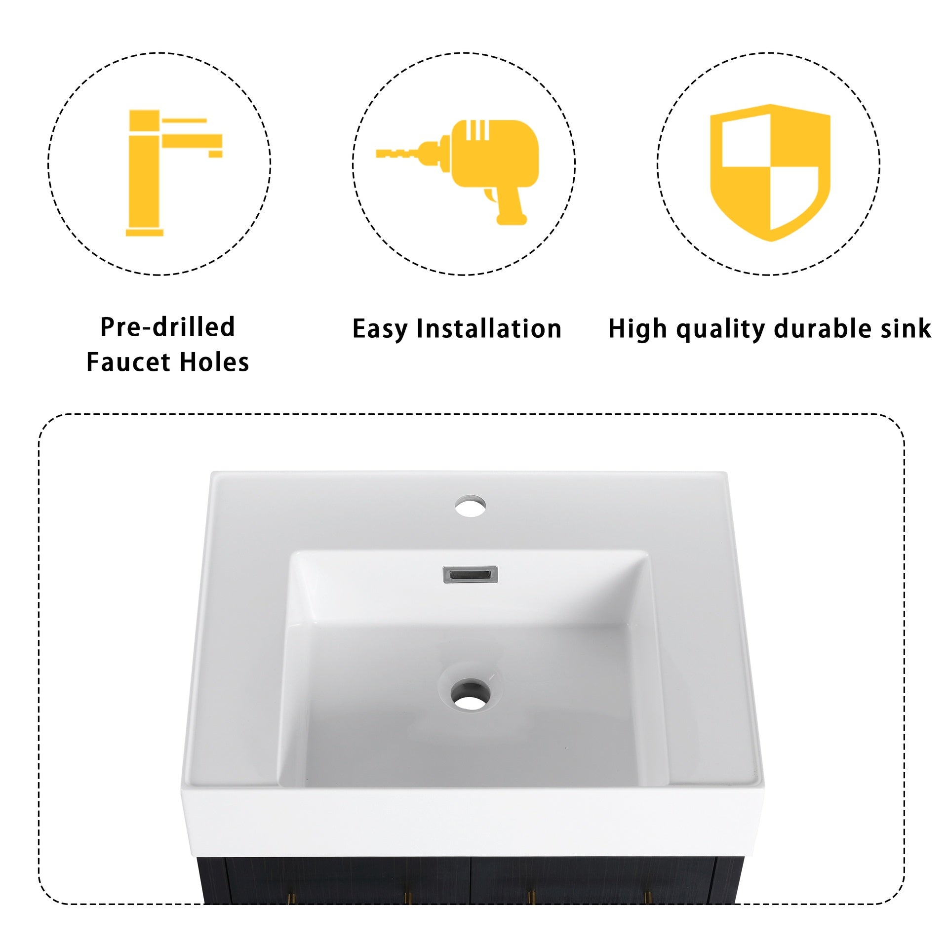24 Inch Freestanding Bathroom Vanity with Resin Sink, With Soft Closing Door, KD-Package