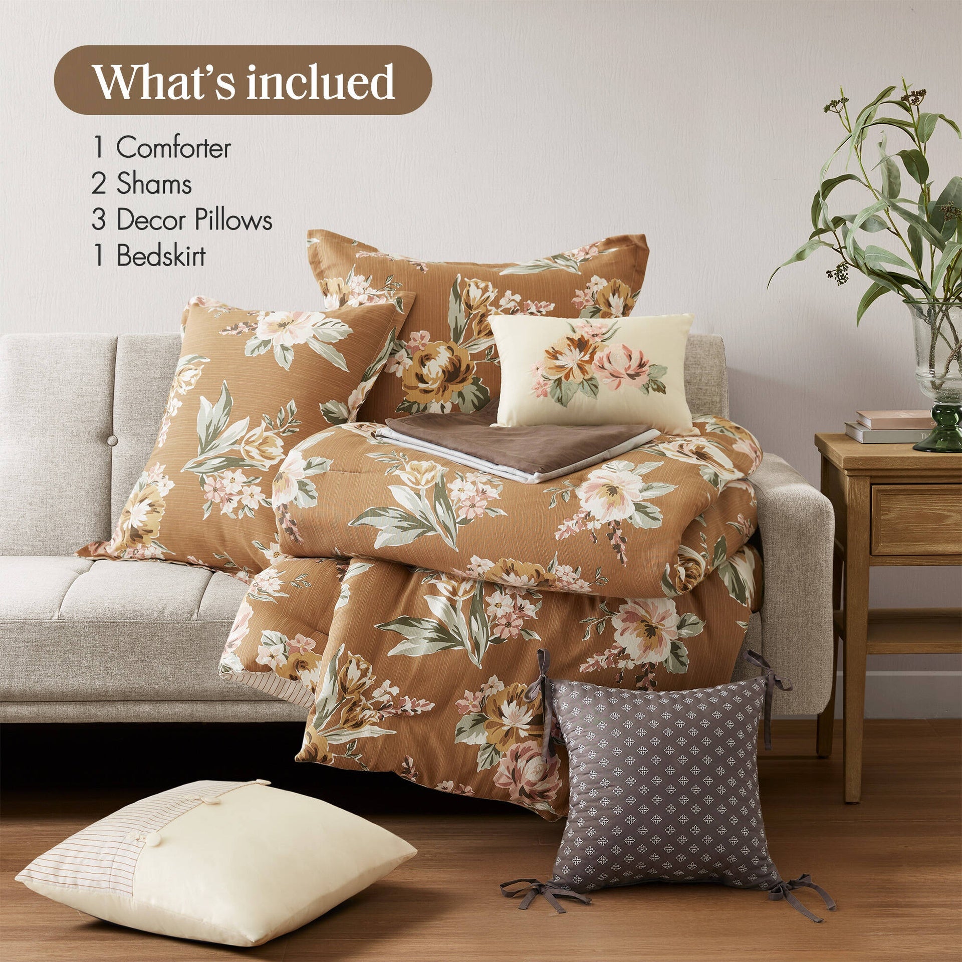 7-Piece King Vintage Floral Comforter Set, Terracotta