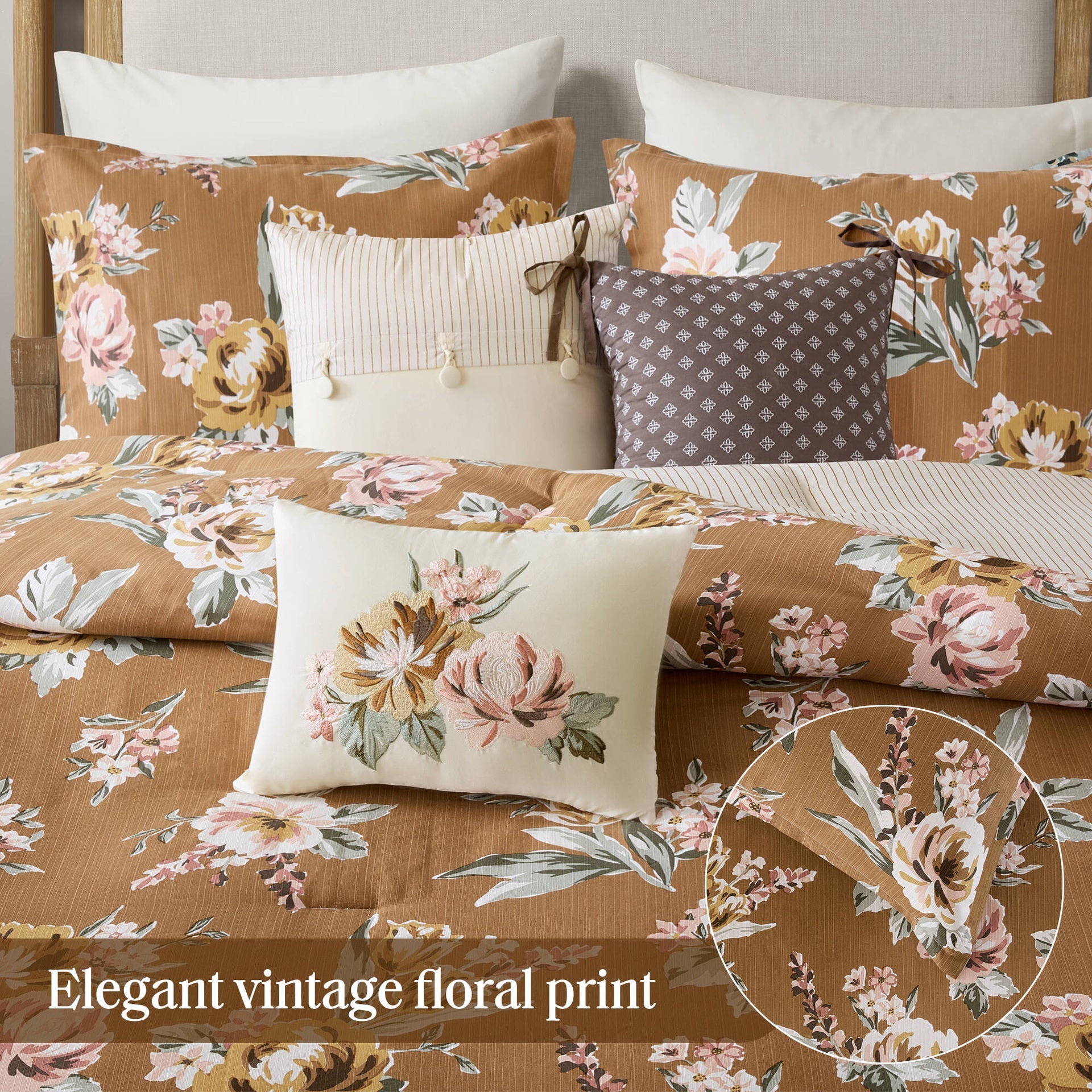 7-Piece King Vintage Floral Comforter Set, Terracotta