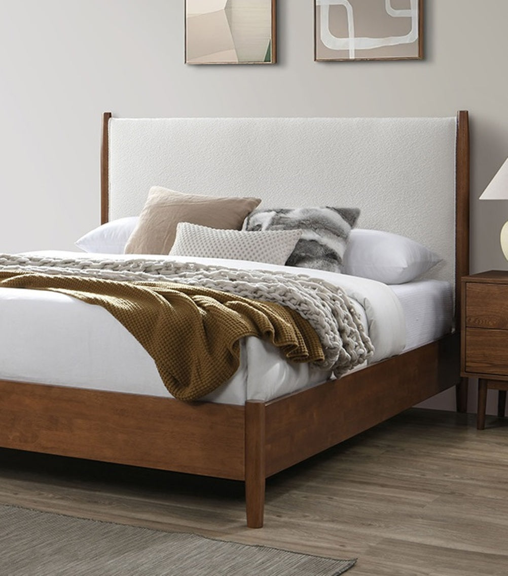 Walnut Color Panel Headboard Beige Upholstered 1pc Queen Size Bed Solid wood Mattress Ready Mid-Century Modern Style