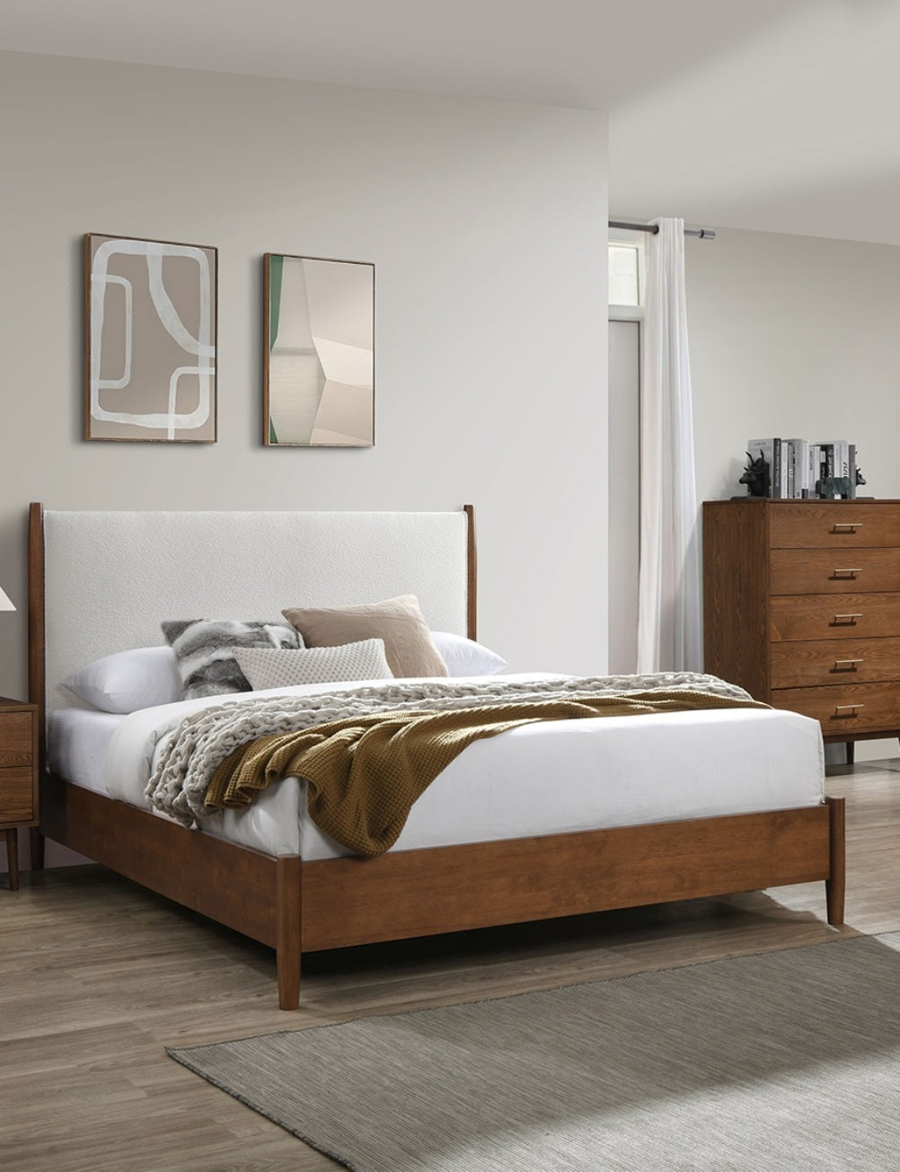 Walnut Color Panel Headboard Beige Upholstered 1pc Queen Size Bed Solid wood Mattress Ready Mid-Century Modern Style