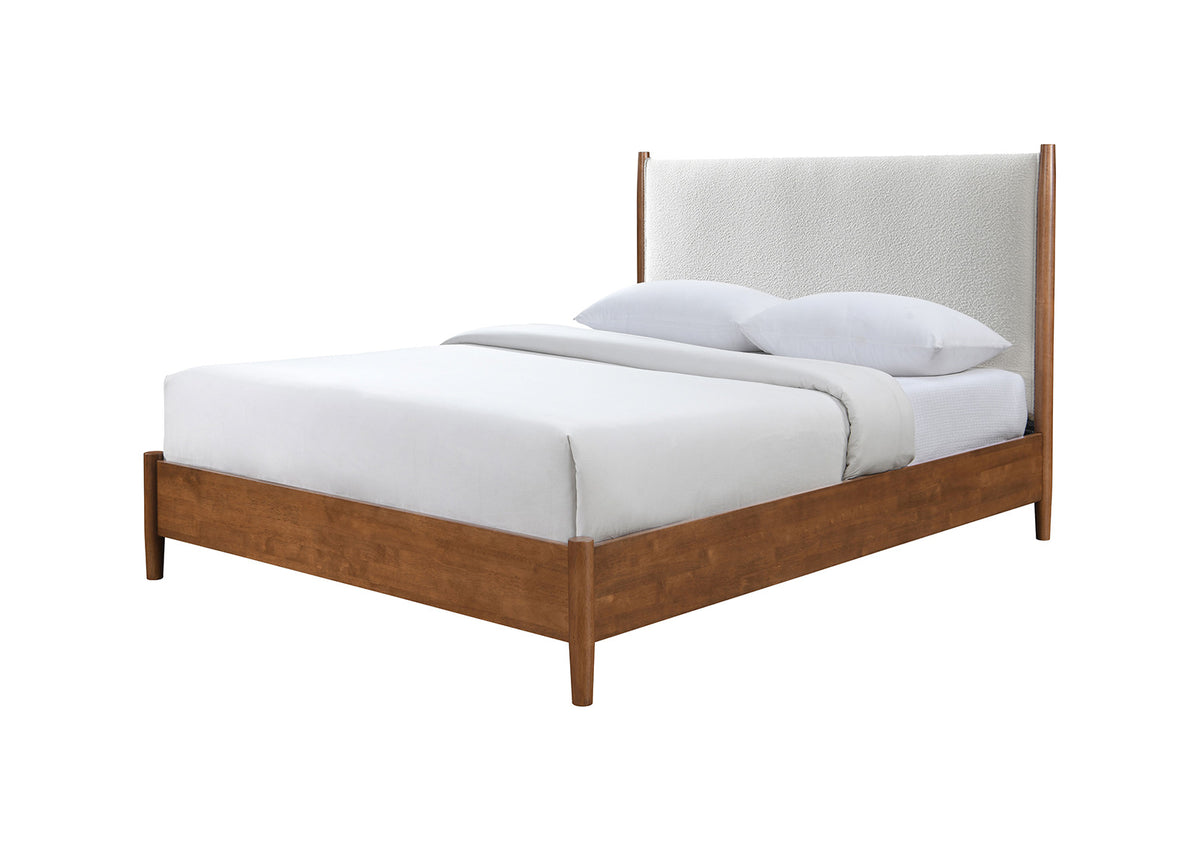Walnut Color Panel Headboard Beige Upholstered 1pc Queen Size Bed Solid wood Mattress Ready Mid-Century Modern Style