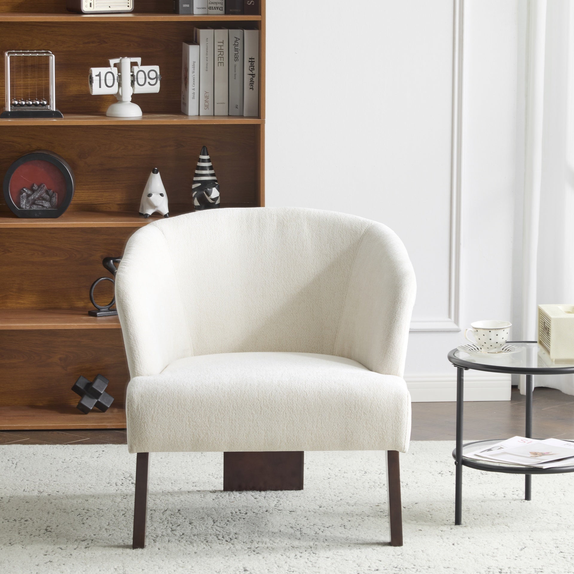 Modern Accent Chair with Round Back & Wooden Legs - Mid-Century Inspired Lounge Chair for Living Room, Bedroom, or Office - Soft Fabric Upholstery
