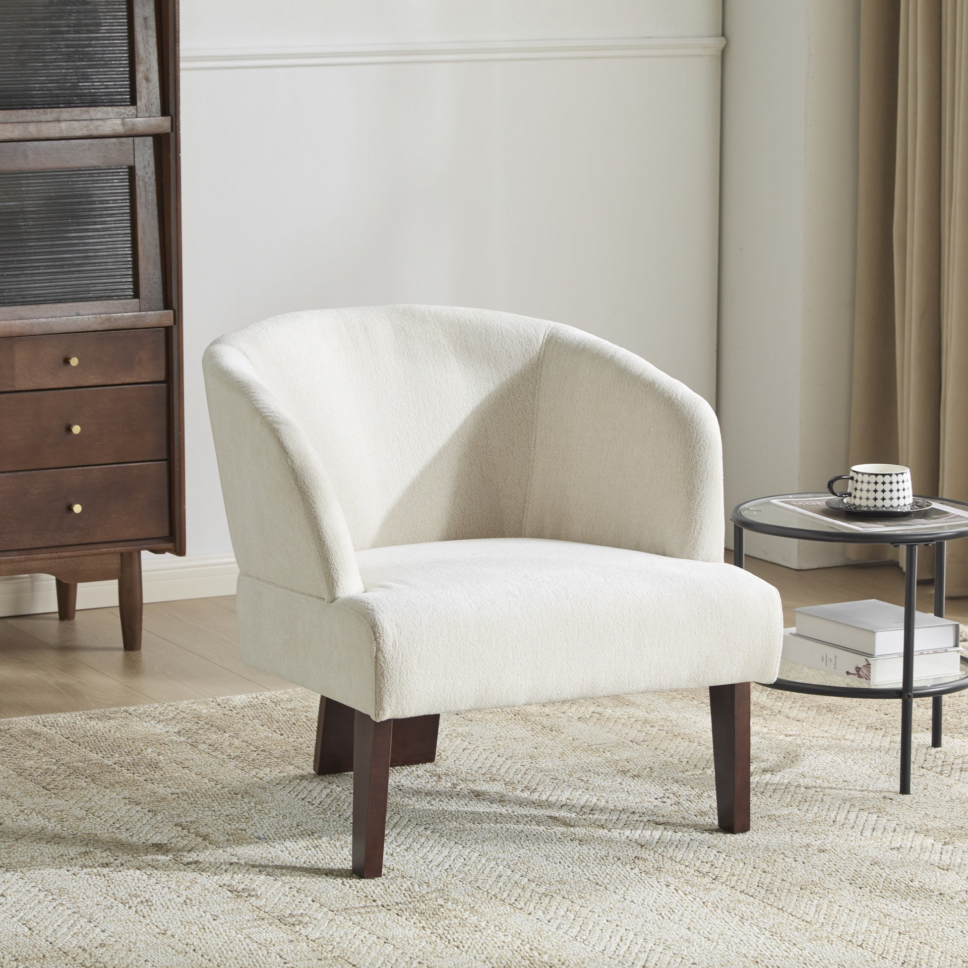 Modern Accent Chair with Round Back & Wooden Legs - Mid-Century Inspired Lounge Chair for Living Room, Bedroom, or Office - Soft Fabric Upholstery