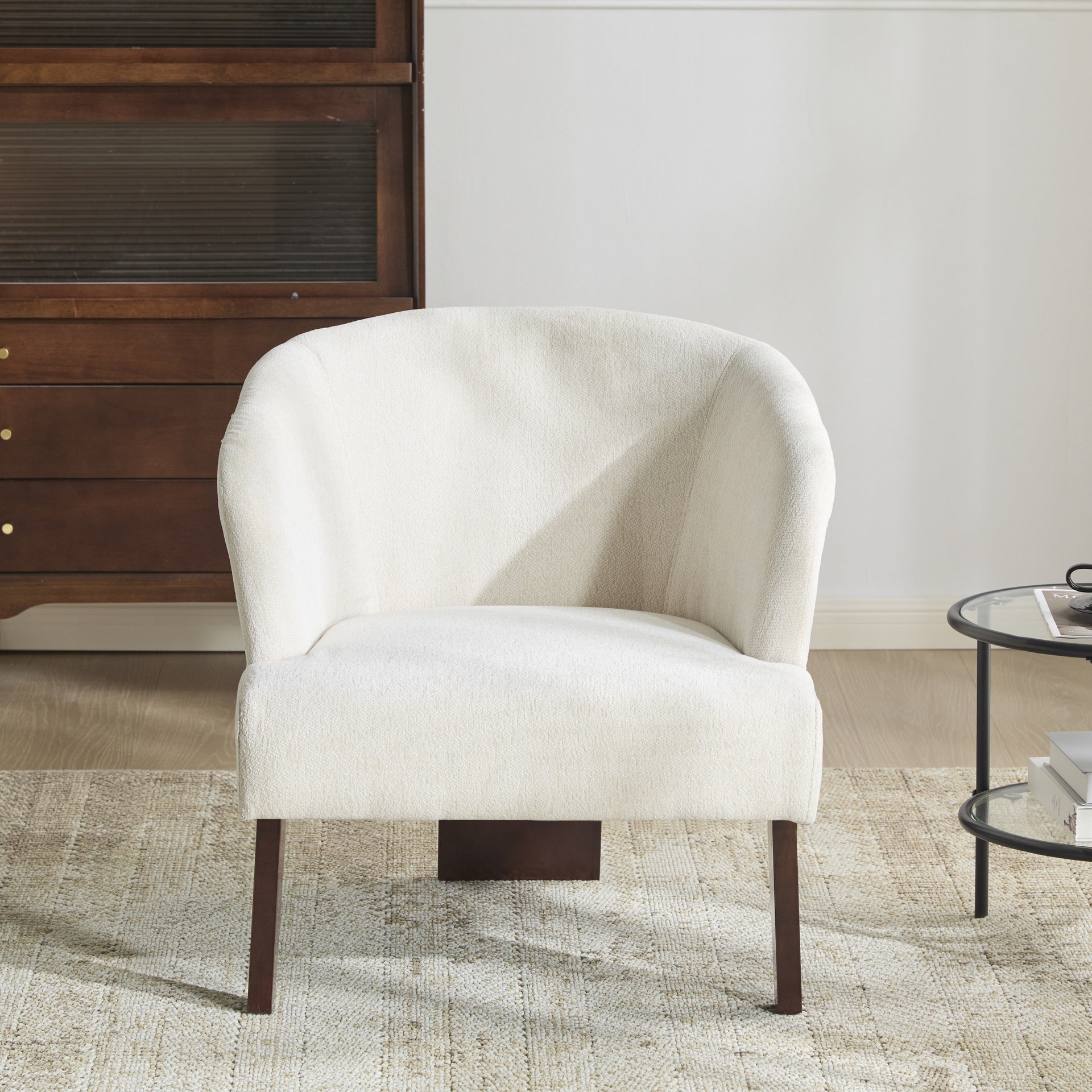 Modern Accent Chair with Round Back & Wooden Legs - Mid-Century Inspired Lounge Chair for Living Room, Bedroom, or Office - Soft Fabric Upholstery