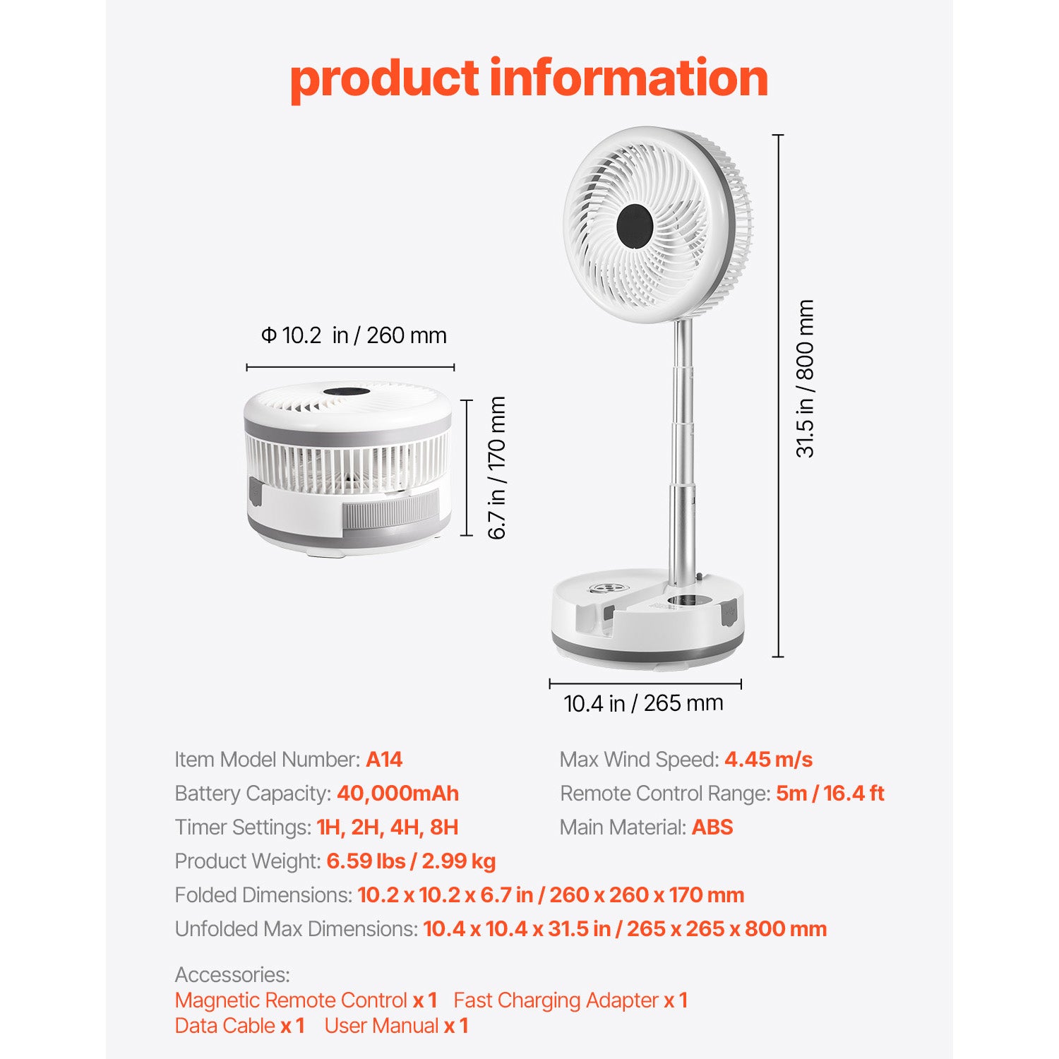 10 inch Foldable Rechargeable Oscillating Fan 3 in 1 Remote 9 Speeds