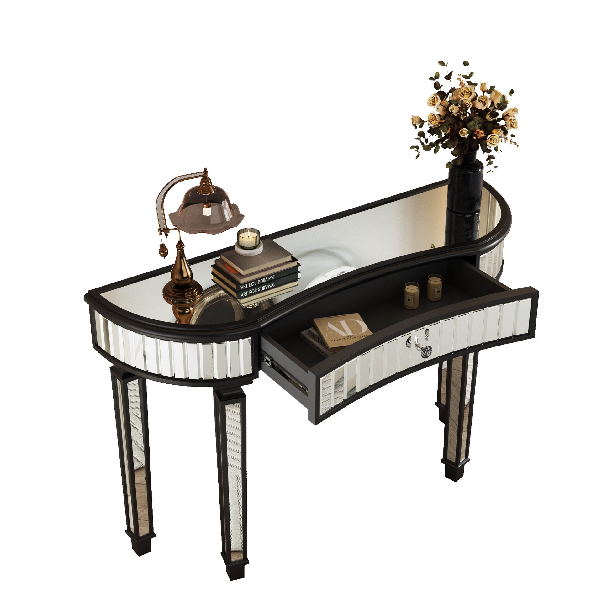 47" Half-Moon Mirrored Console Table with Fluted Glass & Crystal Knob Drawer - Silver Entryway Vanity Desk for Bedroom/Dressing Room(Black+Sliver)